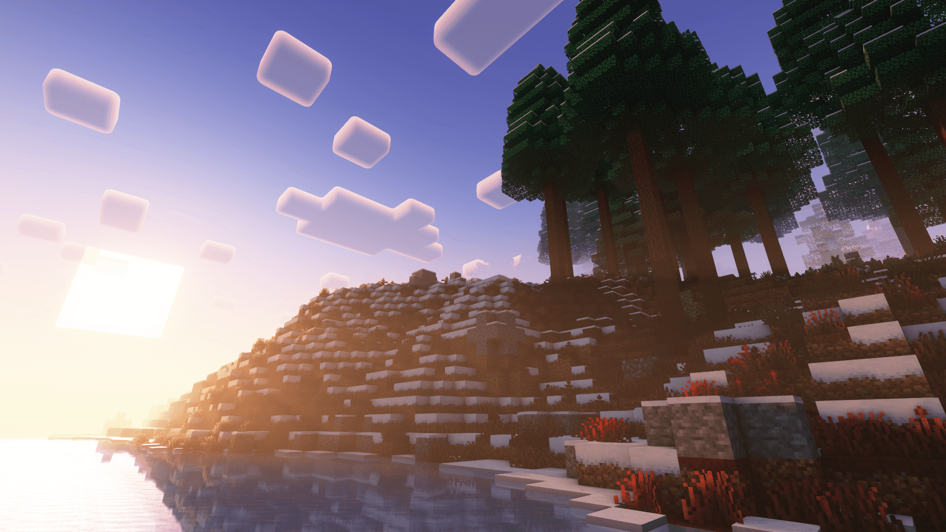 Закат зимой в Minecraft рядом с рощей Обои