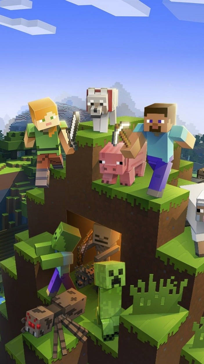 Алекс и Стив с животными мобами Minecraft iPhone Обои