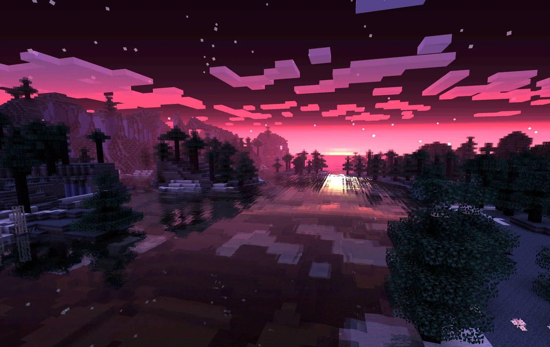 Красивое розовое небо в Minecraft Обои