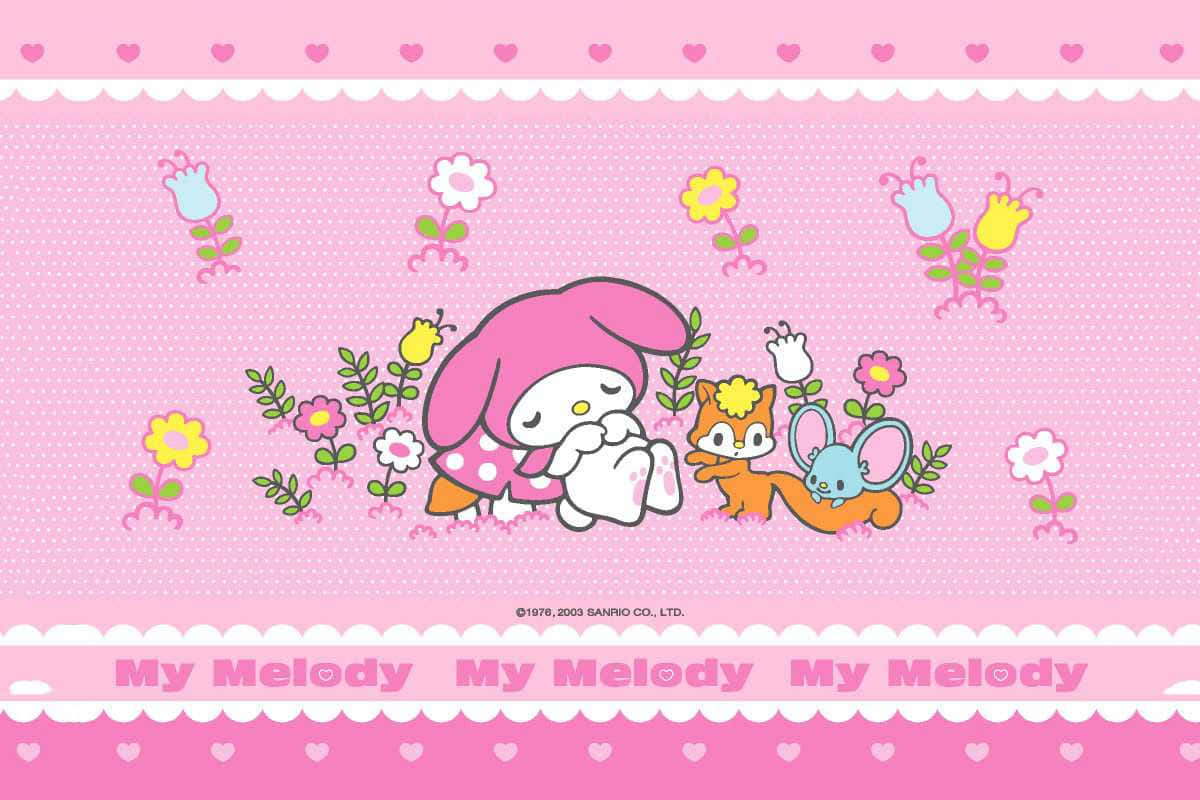 Спящая My Melody на рабочем столе с цветами Обои