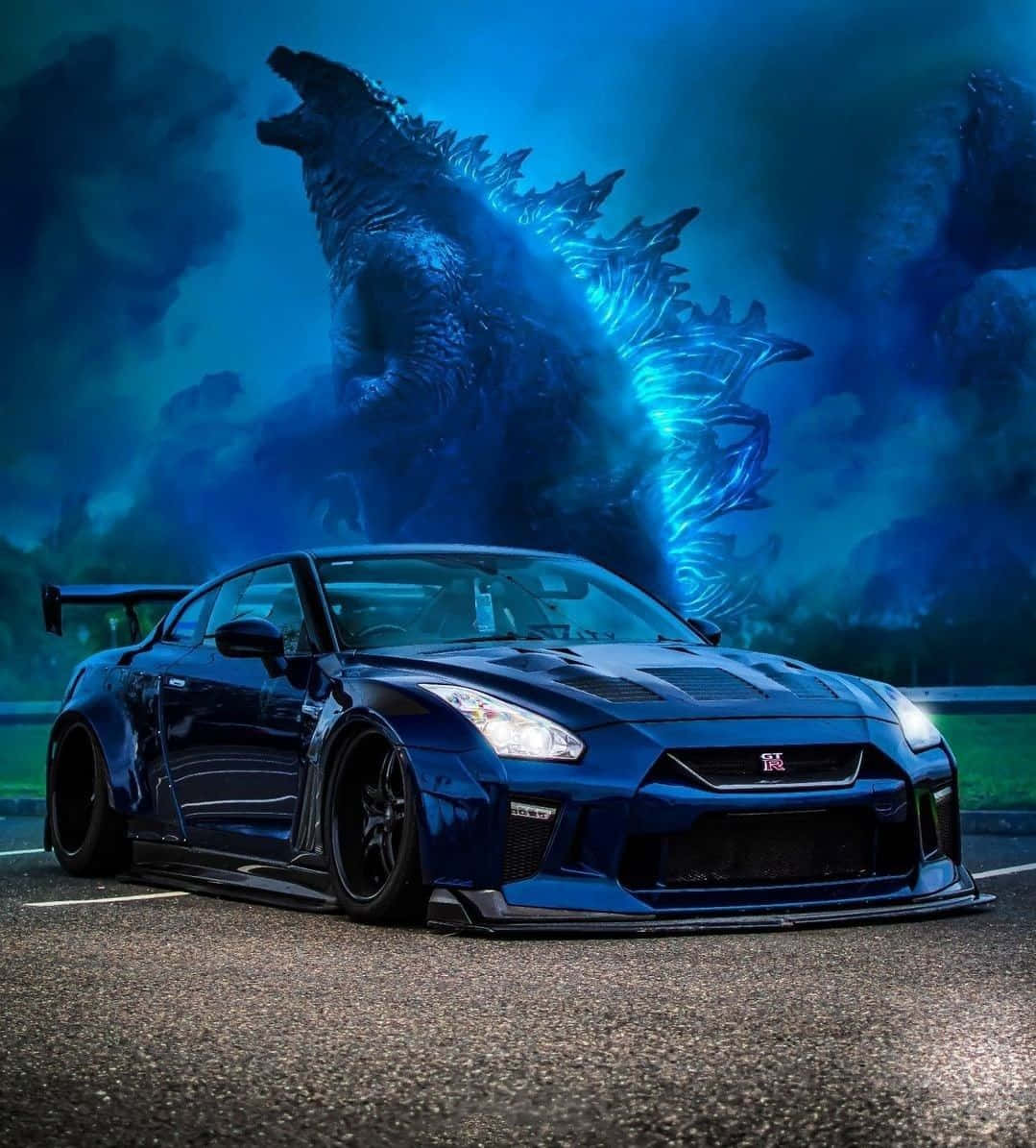 Синий Nissan R35 GTR с Годзиллой Обои