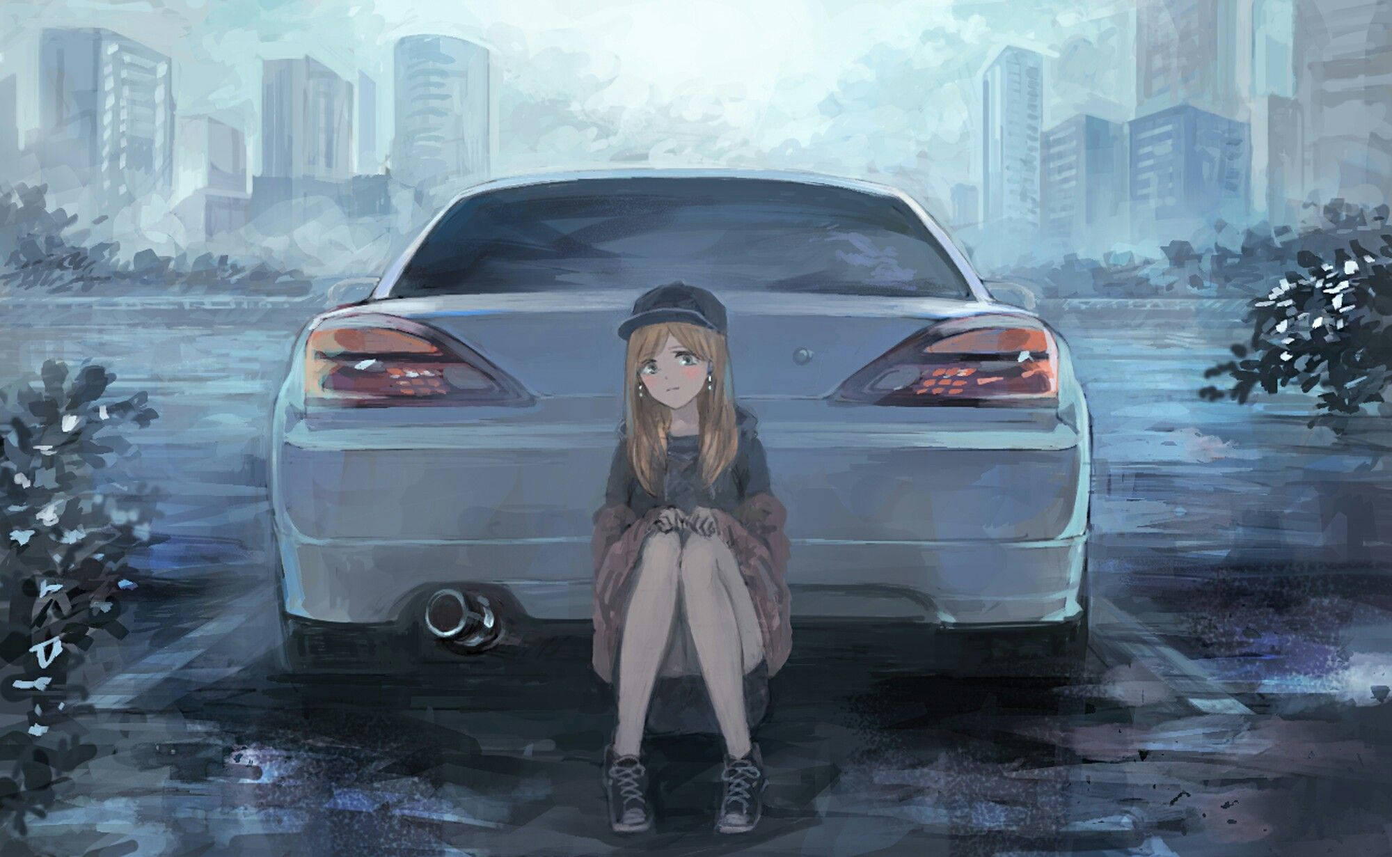 Аниме девушка с автомобилем Nissan Silvia Обои