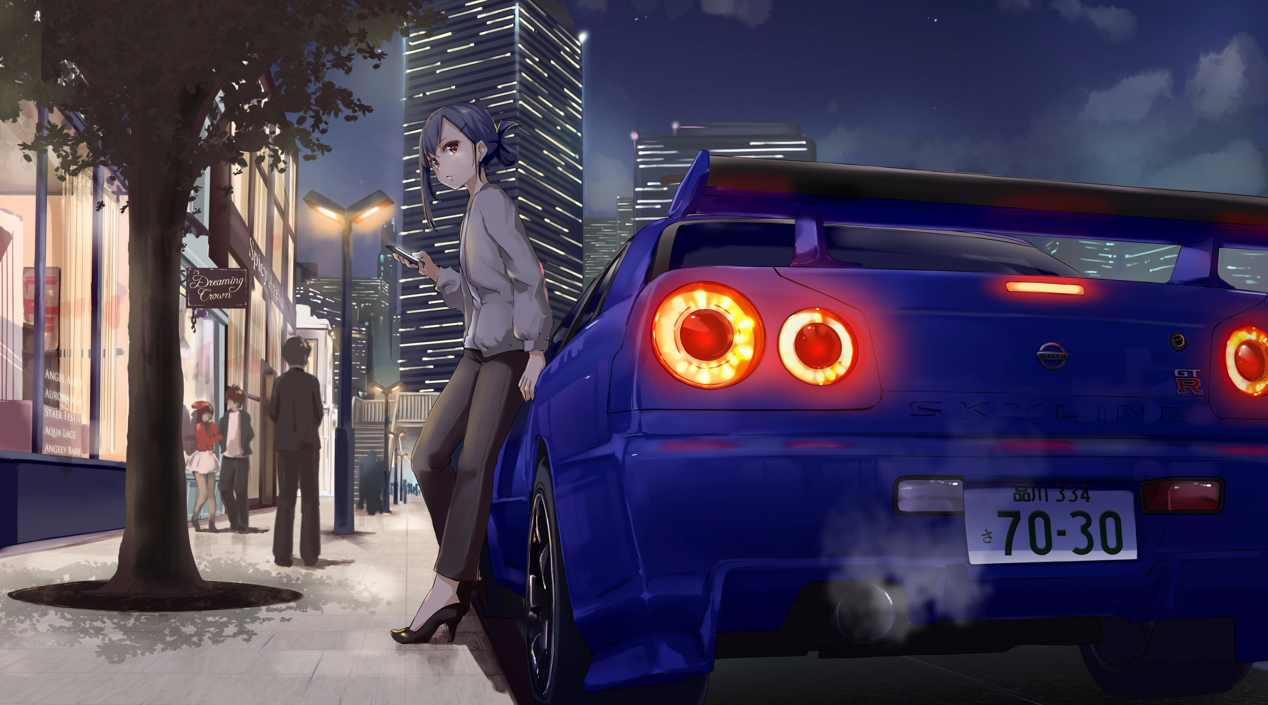 Девушка, опирающаяся на Nissan Skyline, аниме Обои