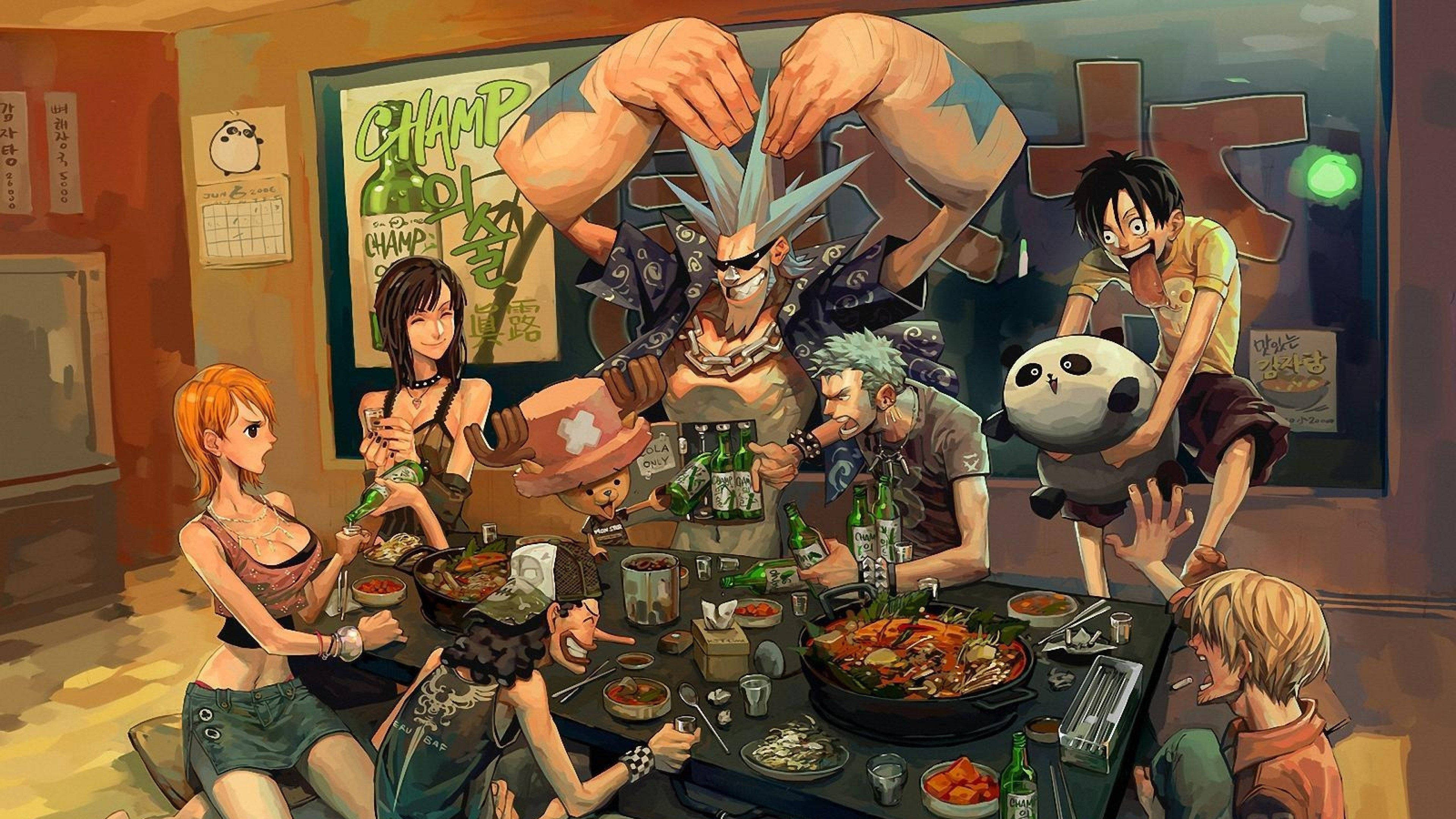 Персонажи One Piece 4K пьют Обои
