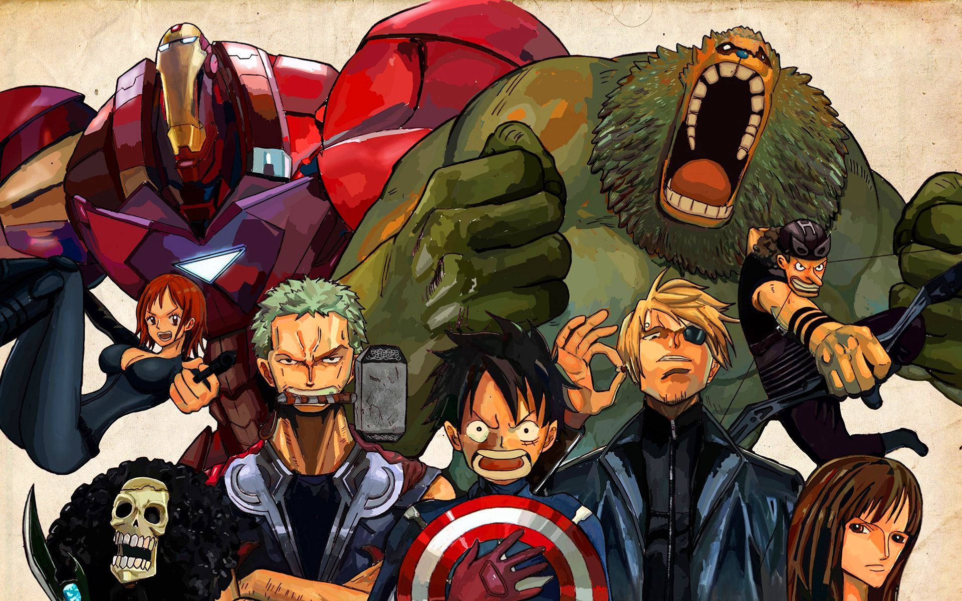 Кроссовер One Piece и Marvel Обои
