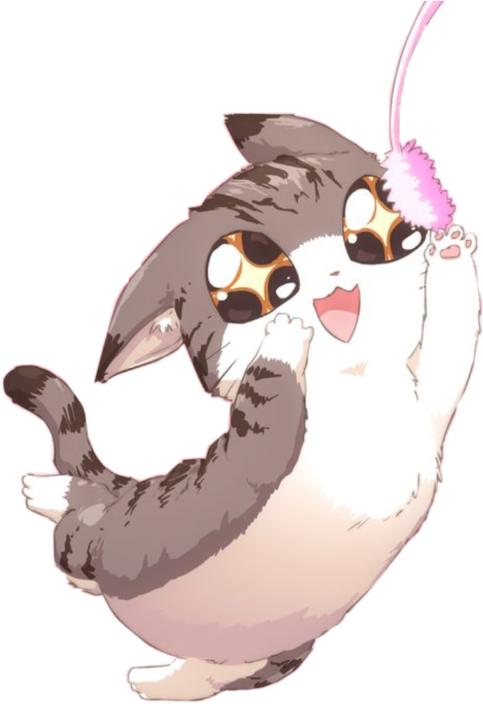 Игривый кавайный котёнок играет с перьевой игрушкой.PNG Обои