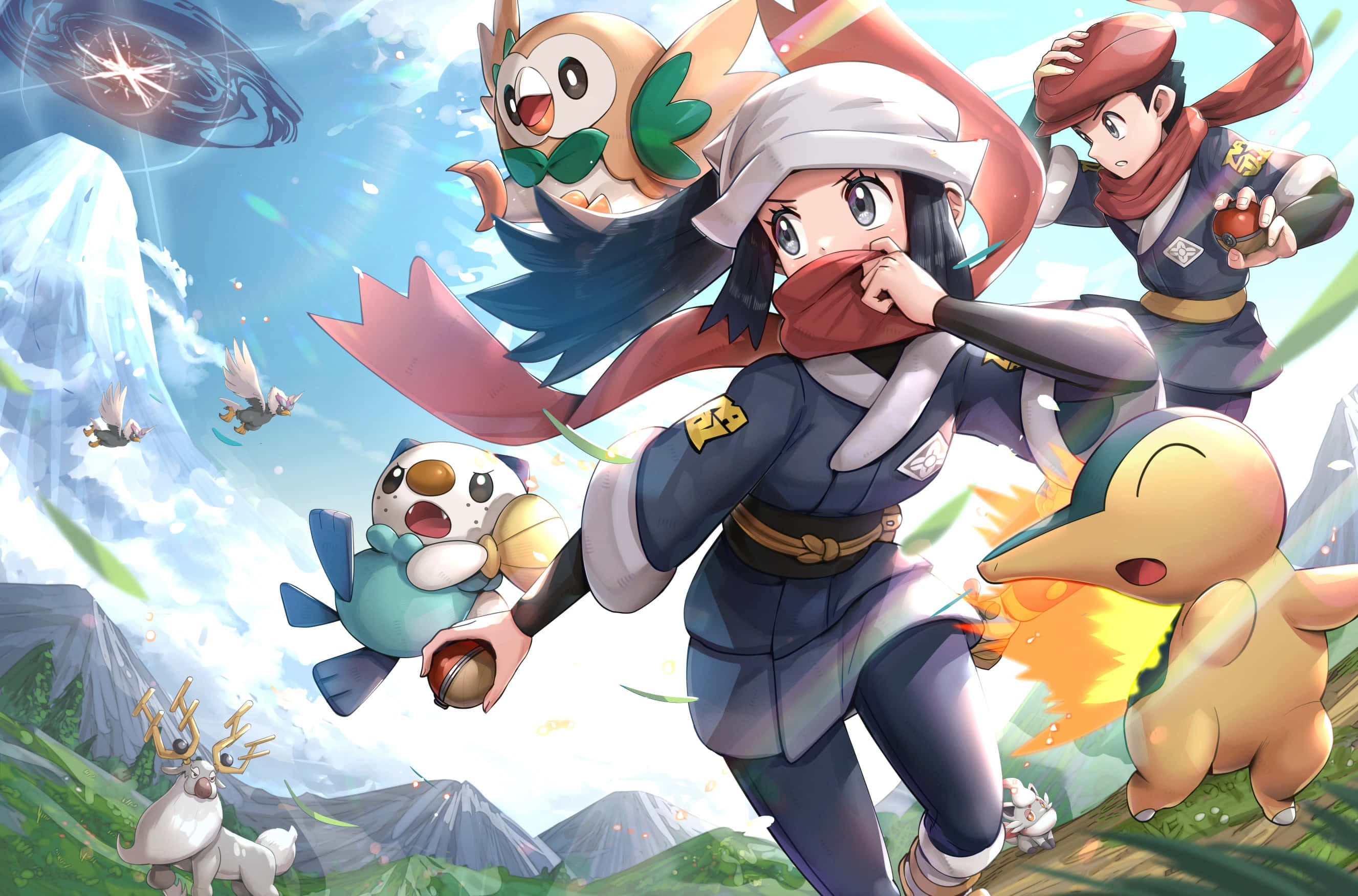 Персонажи Pokémon Legends Arceus с летающим Бравиари Обои