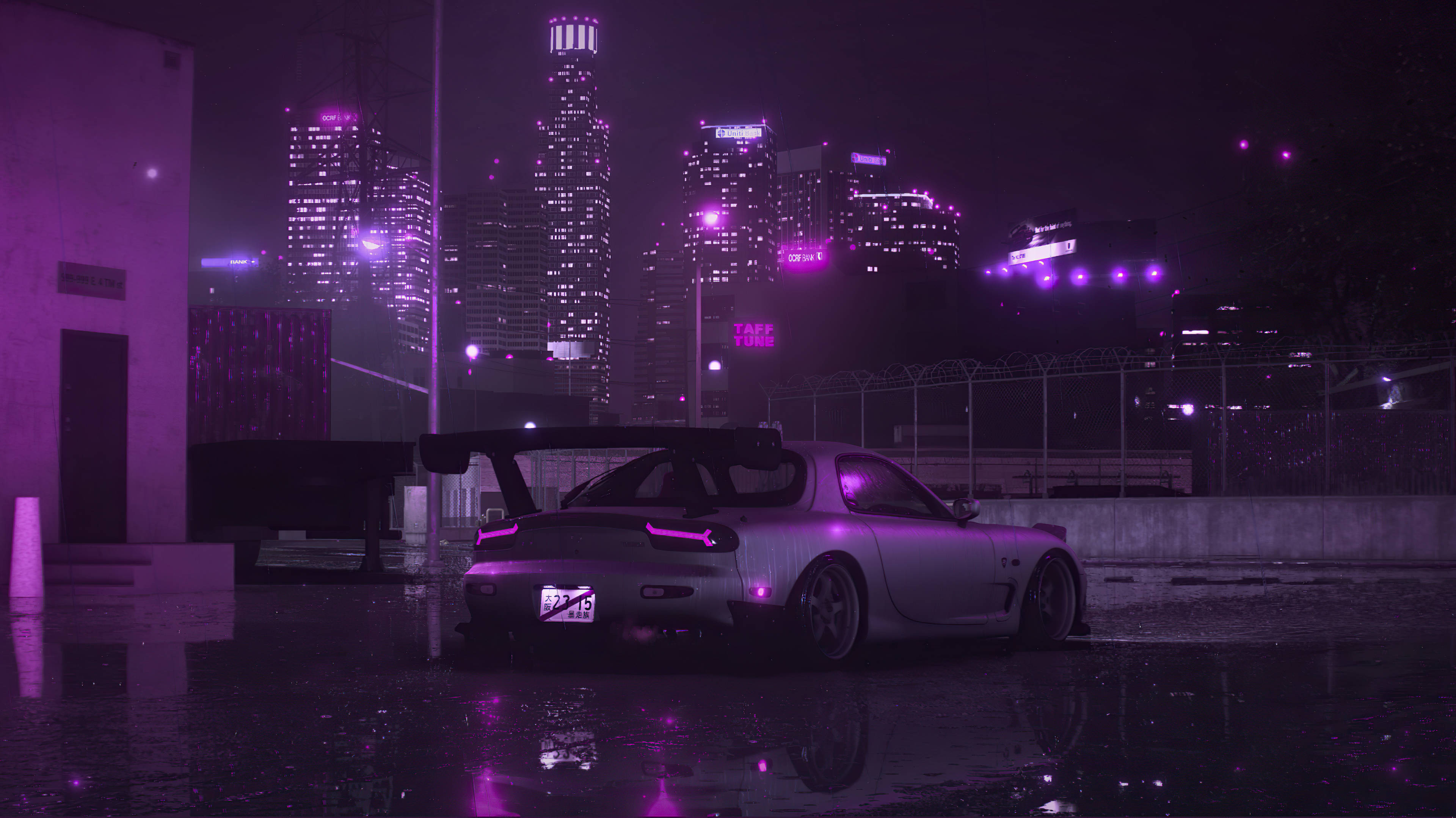 Серебристая RX7 и фиолетовый город Обои