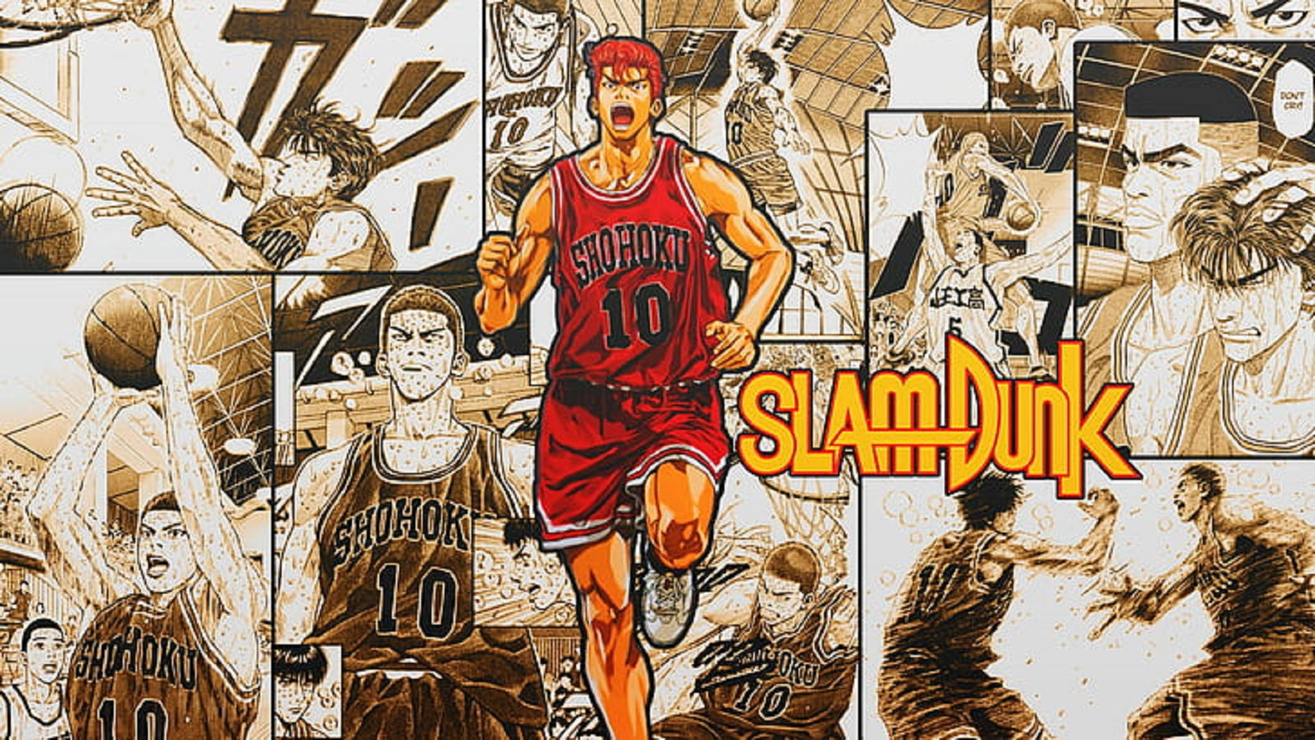 Сакураги из манги Slam Dunk на фоне панели Обои