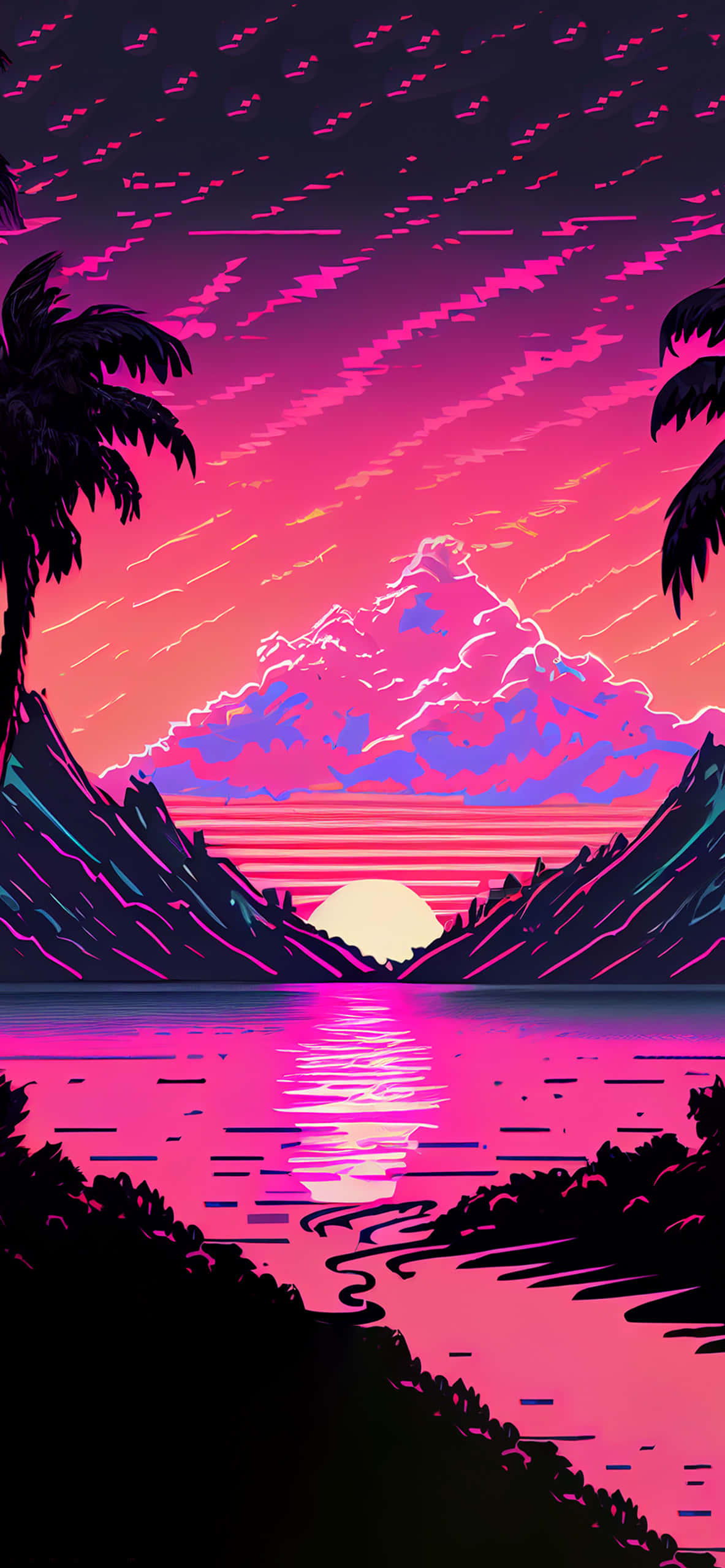 Красивый закат в стиле Vaporwave векторная иллюстрация фон Обои