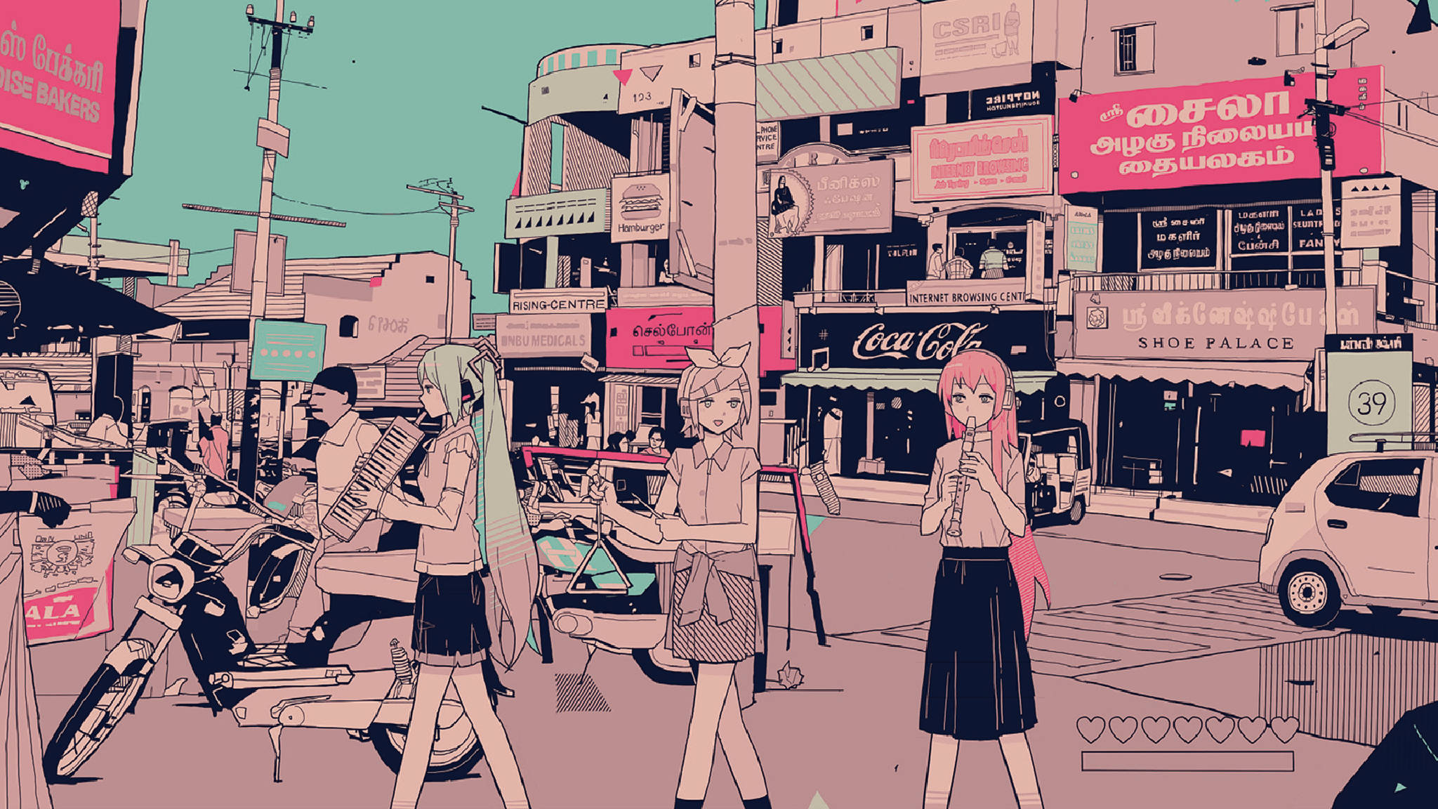 Розовая аниме-эстетика Vocaloid на улице Обои