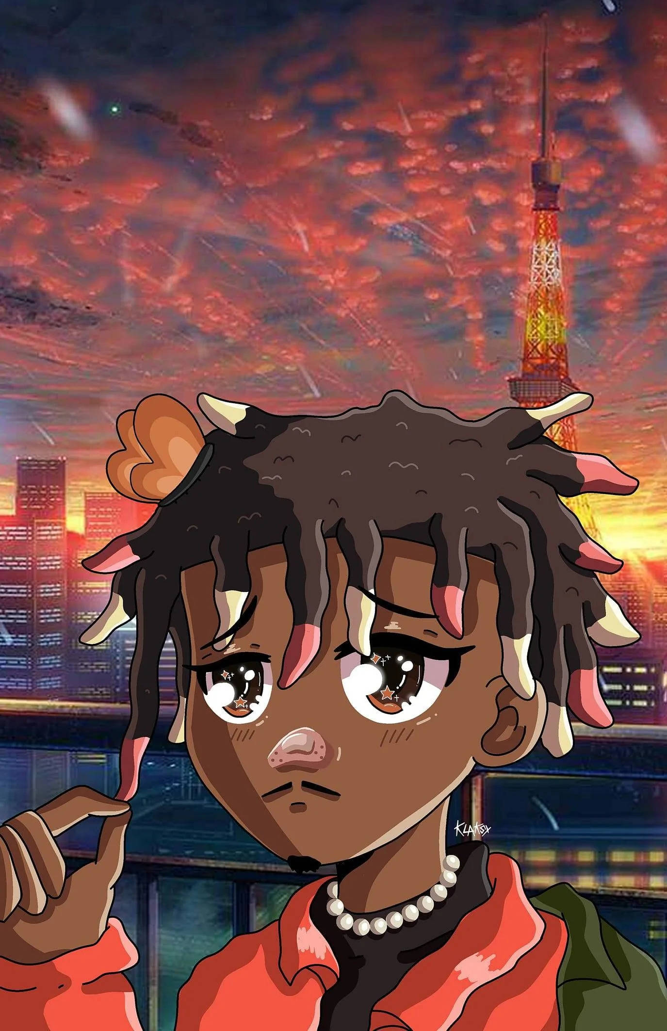 Аниме-арт Juice Wrld на фоне заката Обои