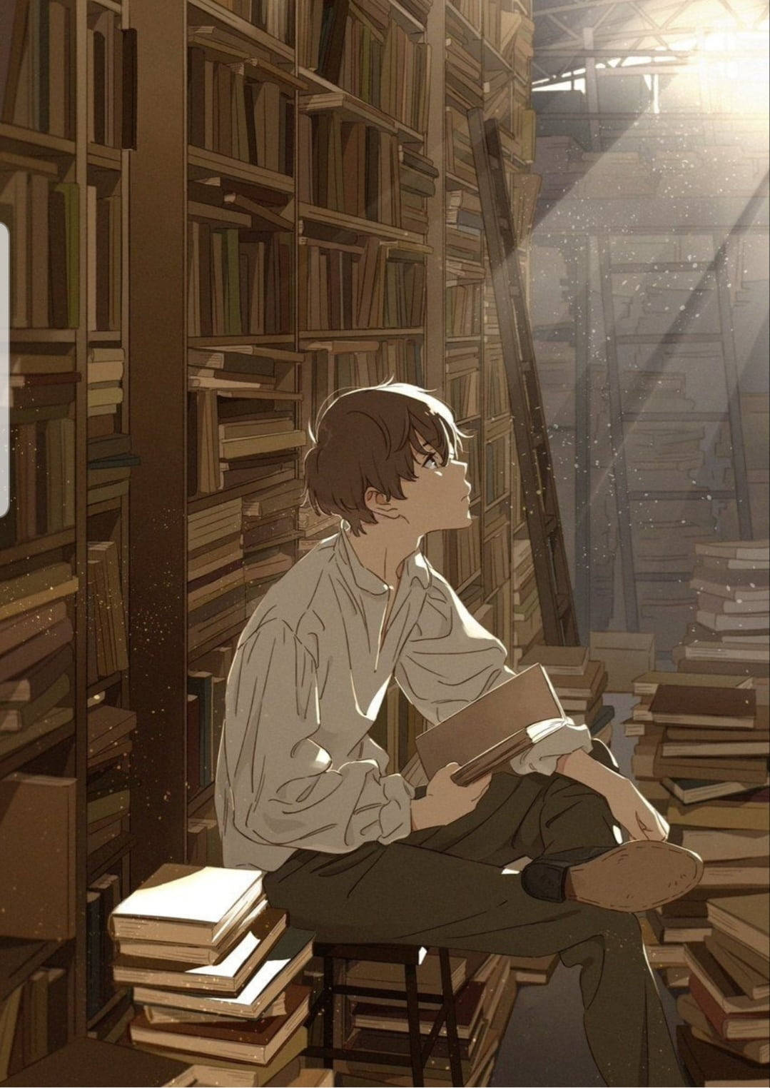 Аниме парень на куче книг Обои
