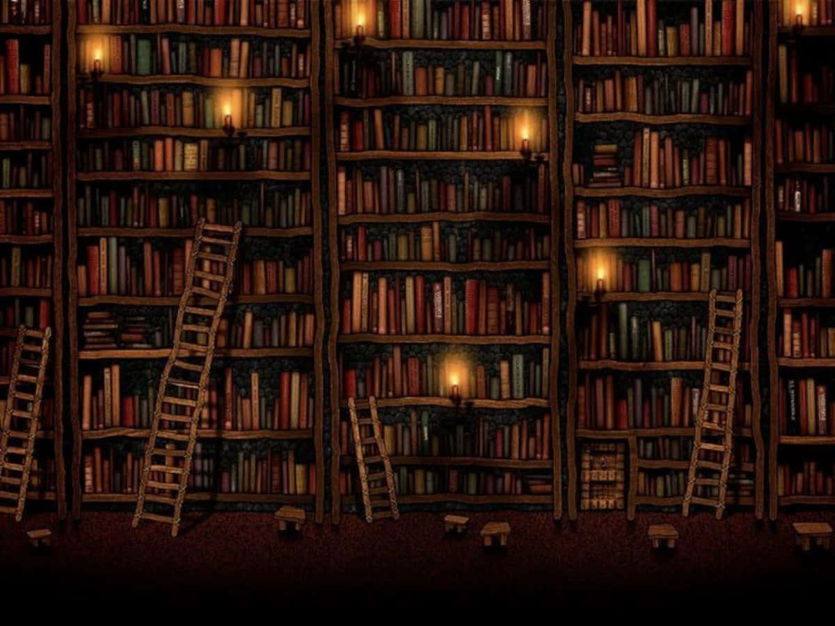библиотека с множеством книг и лестницами Обои