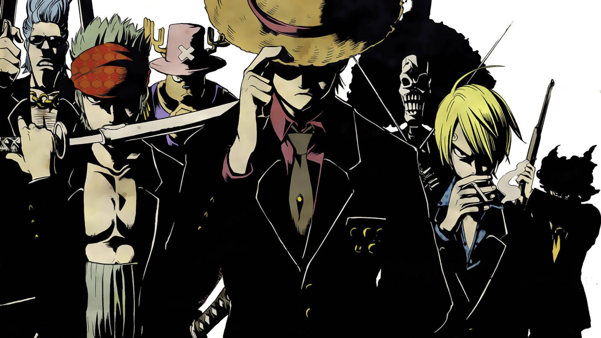 Мужская команда Соломенной Шляпы One Piece выглядит шикарно в черных костюмах