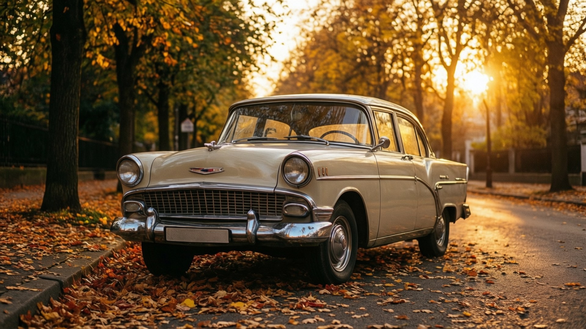 Винтажный автомобиль на осенней улице Обои