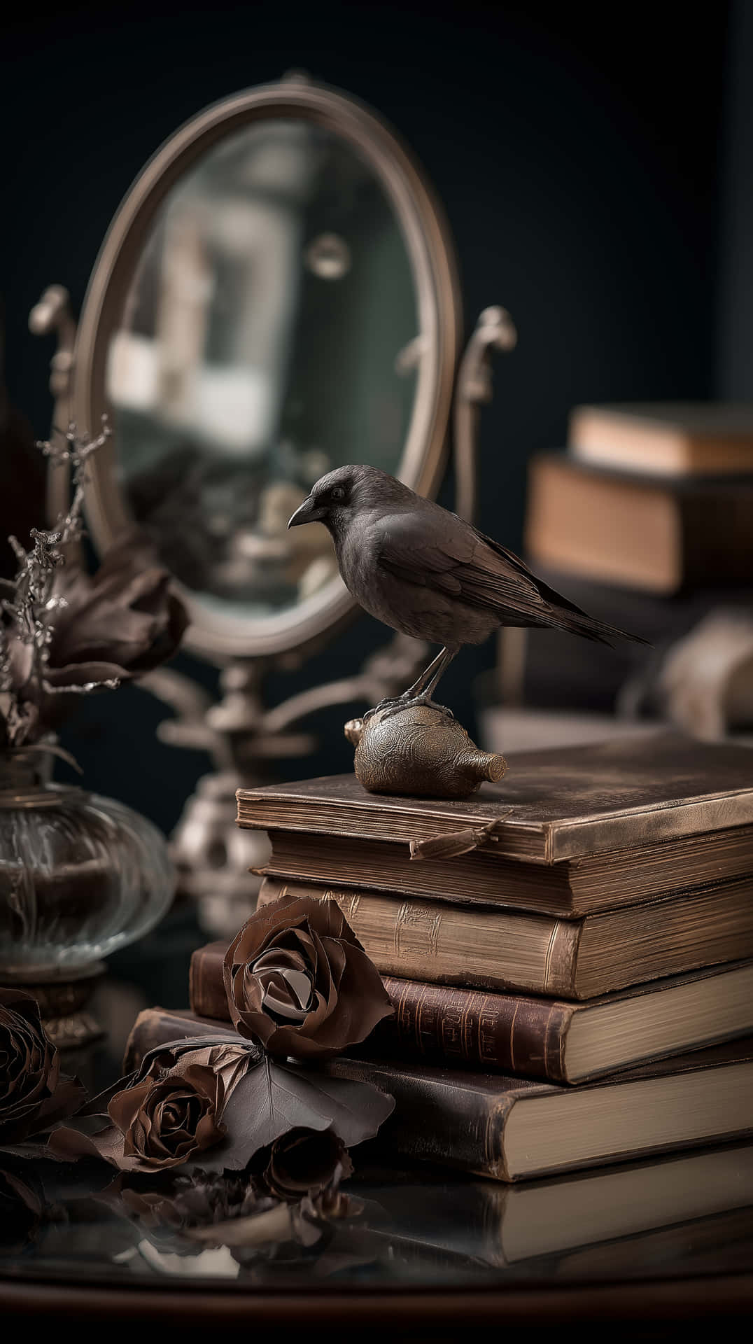ворон,готика,книги,винтаж,украшения,мистика,тёмная академия,фэнтези,птица,кабинет,завораживающий,атмосферный,натюрморт,антиквариат,знания