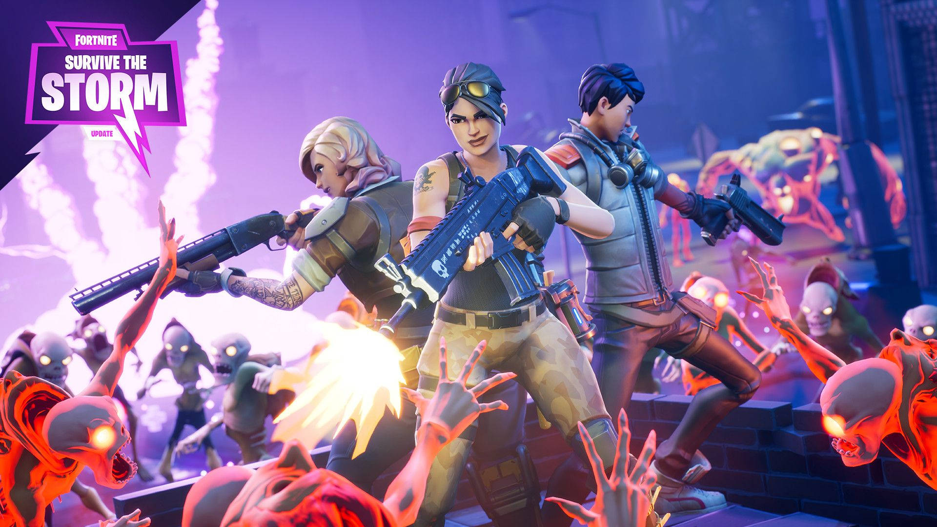 Обои HD: две женщины и парень сражаются с монстрами из Fortnite Survive The Storm.