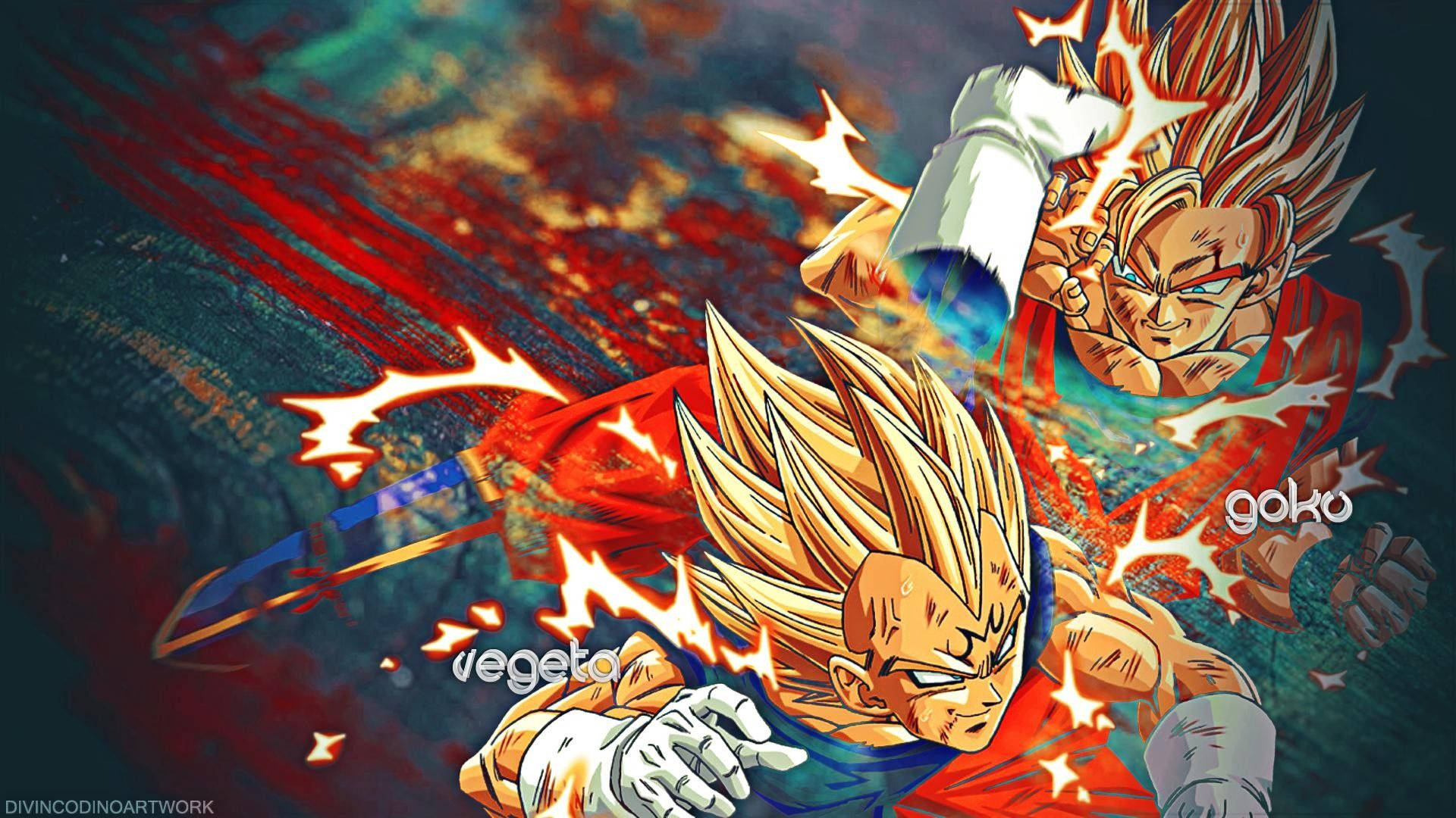 Dragon Ball Z Сан Гоку и Вегета сражаются, аниме-персонажи супер сайяны.