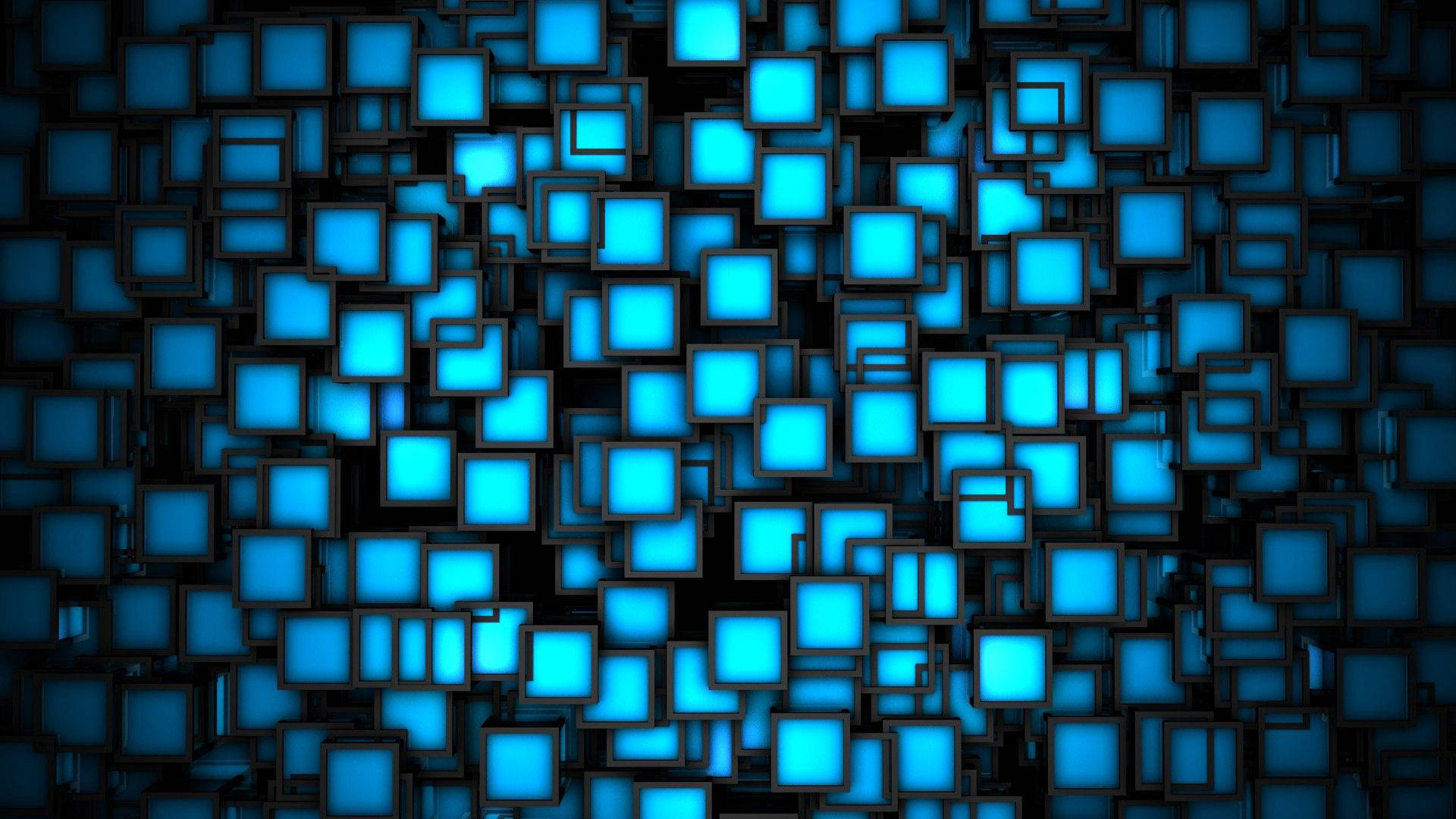 3D ярко-синие квадраты на черных обоях.