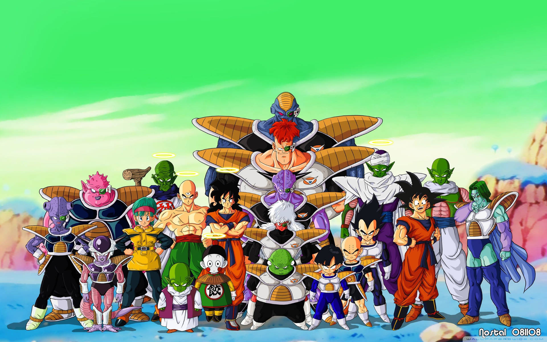 Персонажи Dragon Ball Z на планете Намэк с Сан Гоку, Пикколо и другими андроидами.