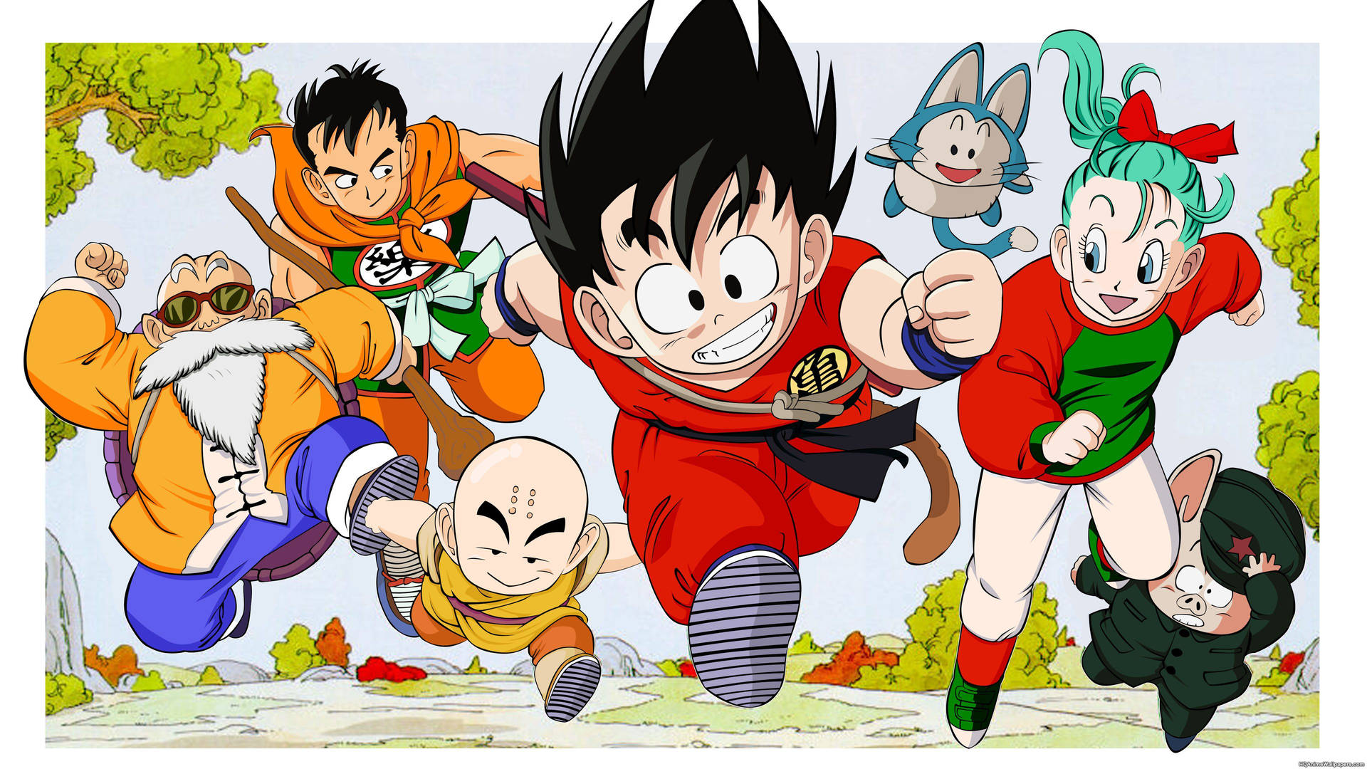 Молодой Сан Гоку и другие персонажи Dragon Ball Z бегут на планете Намек.
