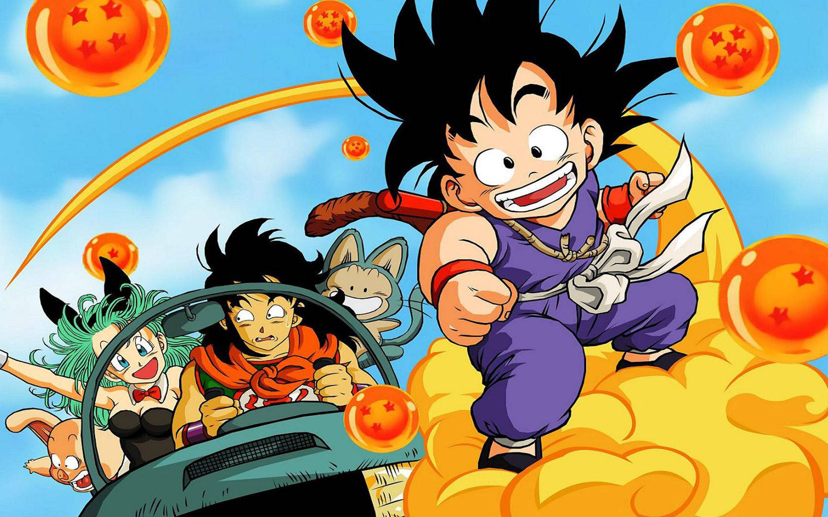 Dragon Ball Z Гохан с Марон и ее мужем за рулем автомобиля, в то время как маленький Гохан едет на летающем облаке.
