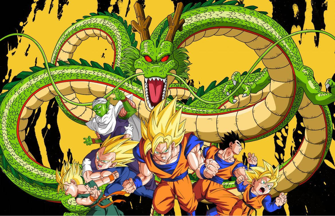 Dragon Ball Z Сан Гоку и другие персонажи в режиме супер сайяна с Шенроном, зеленым драконом.