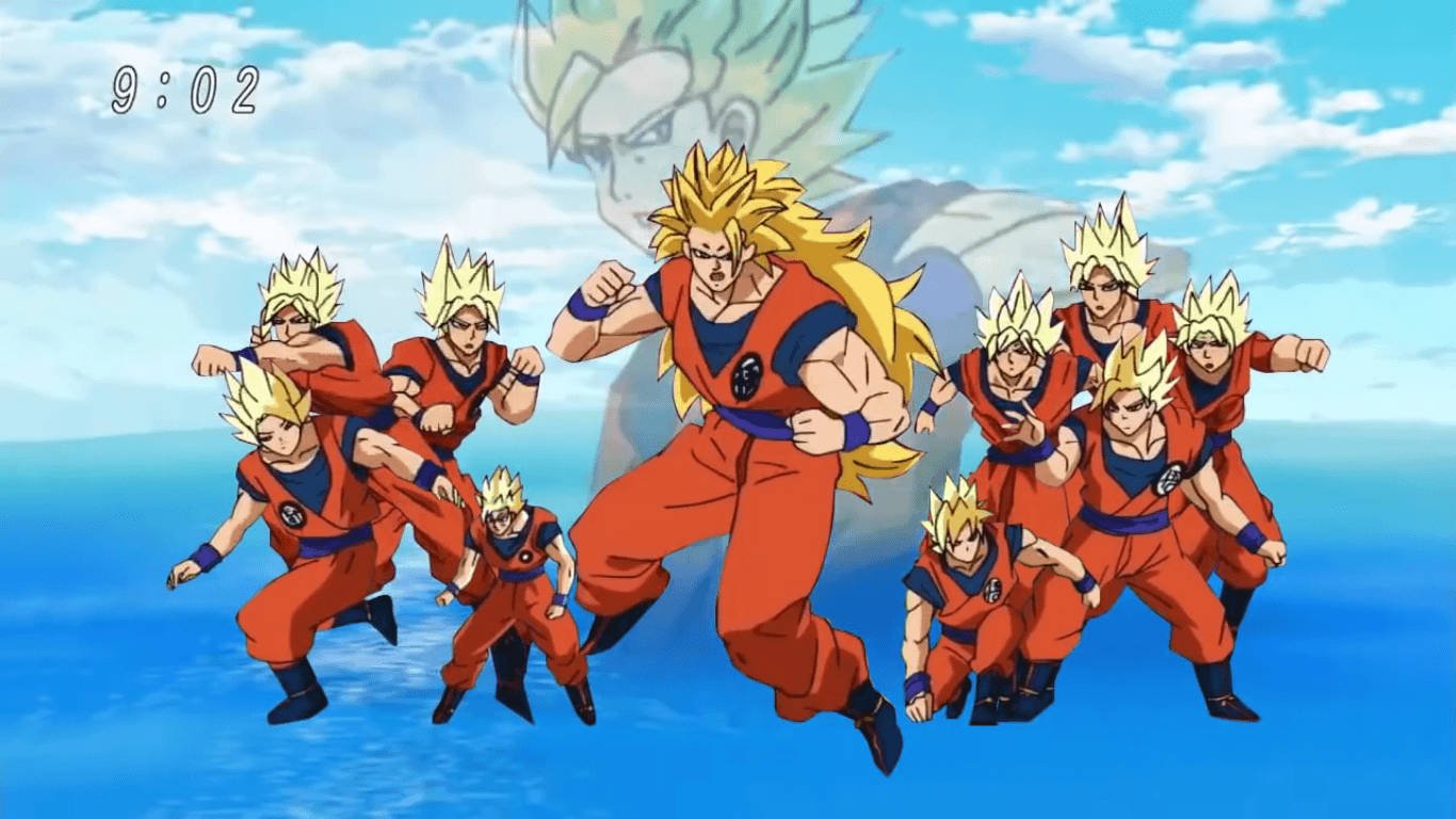 Dragon Ball Z Сан Гоку супер Броли, несколько супер саянов в одном, аниме-персонаж с колючими желтыми волосами.