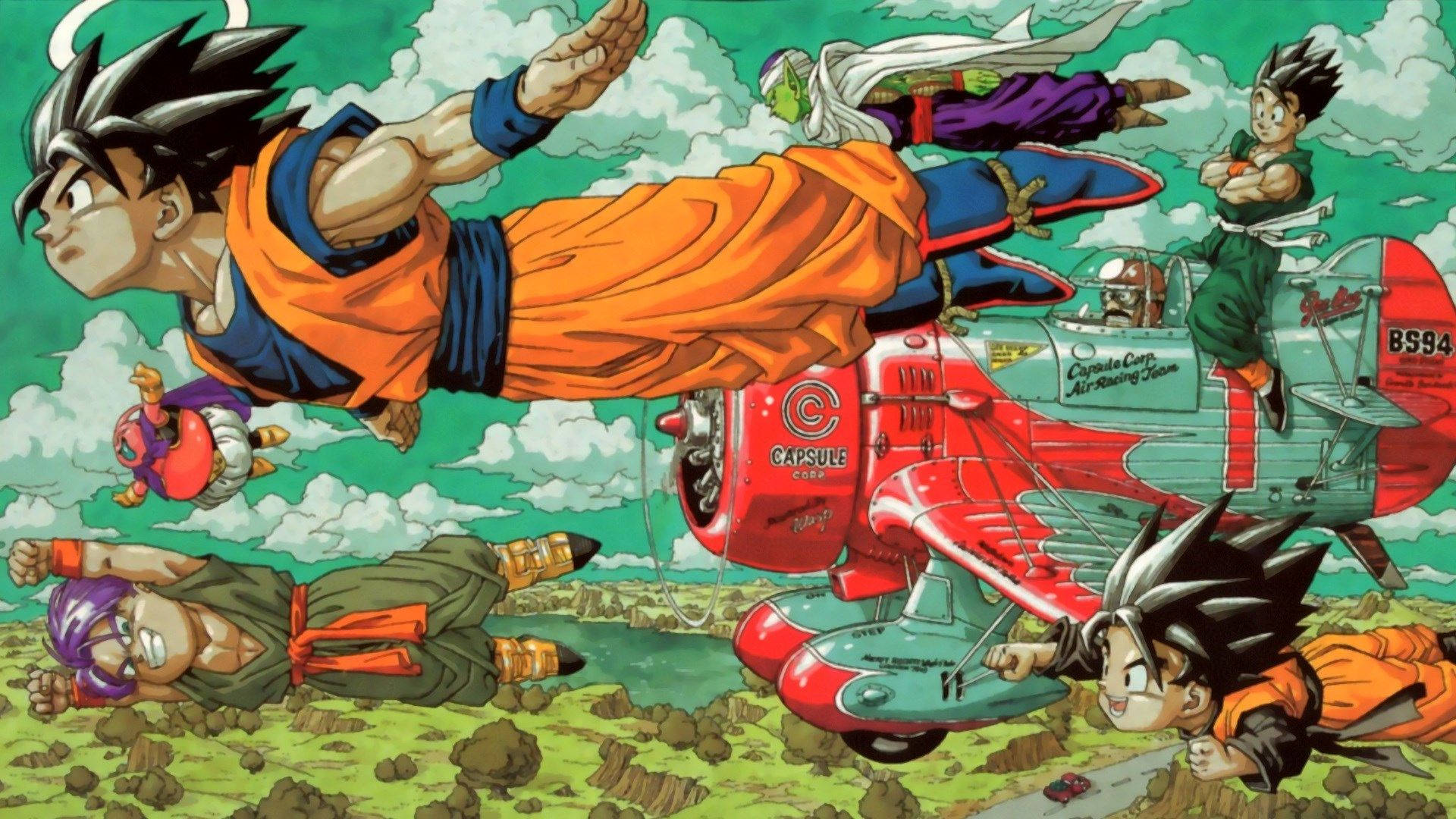 Dragon Ball Z Сан Гоку с Гоханом и Готеном, летящими на машине, персонажи супер саяны.