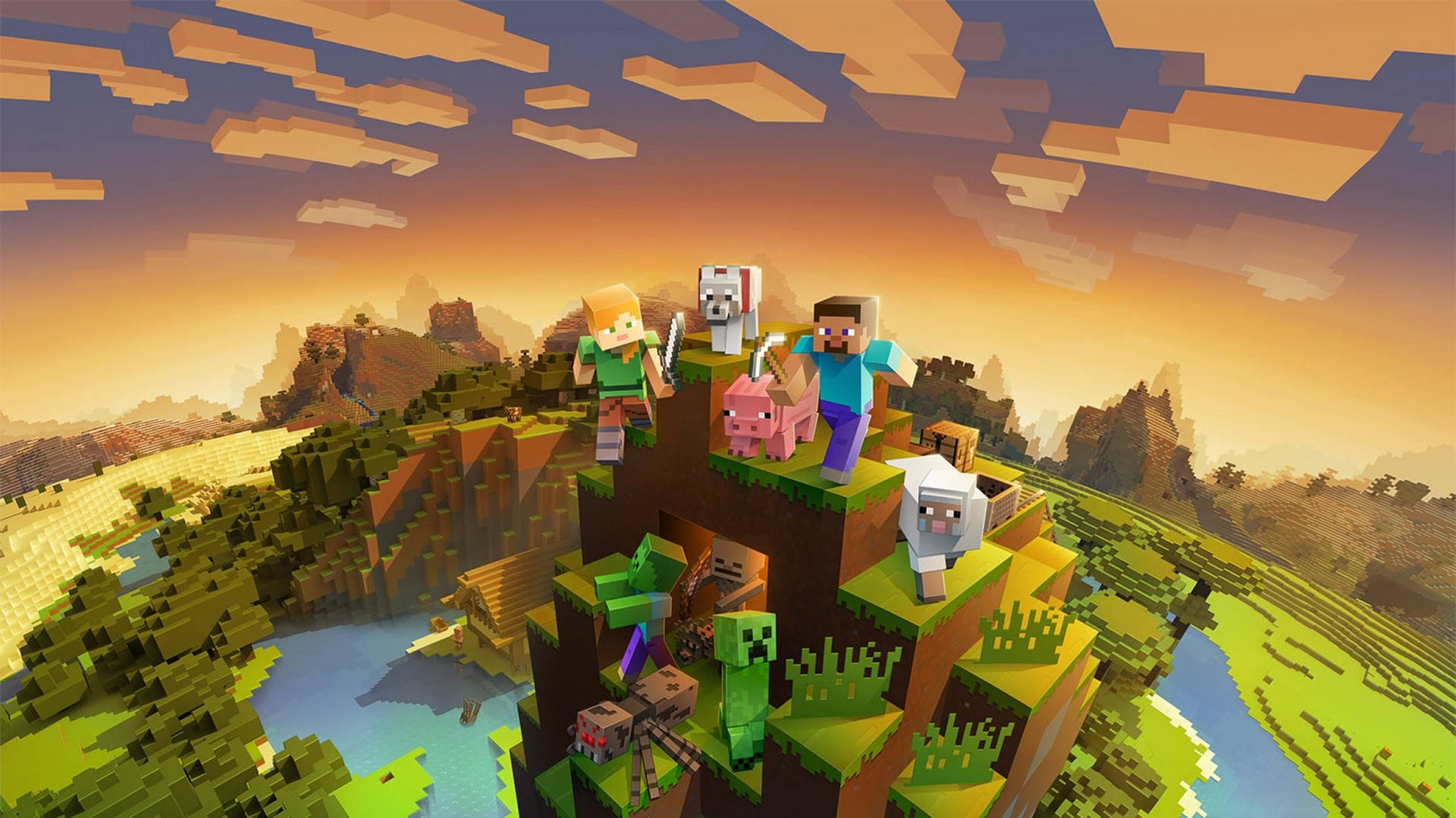 Гора на закате 2560x1440 Minecraft Обои