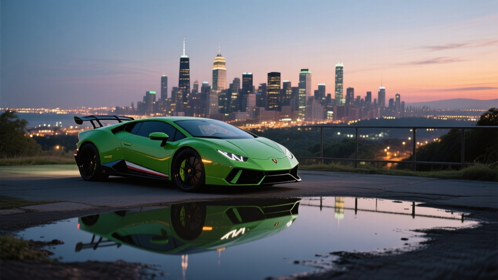 Зеленый Lamborghini Huracán на фоне города в сумерках