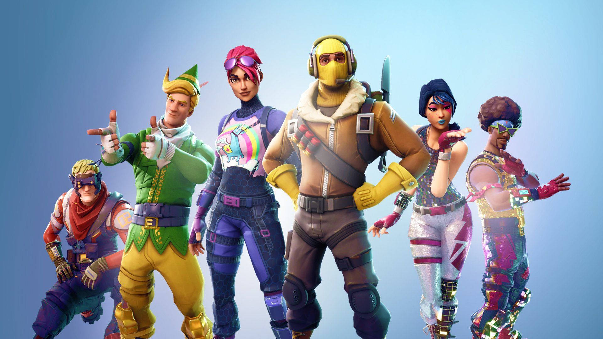 6 персонажей Fortnite на синем омбре фоне HD обои