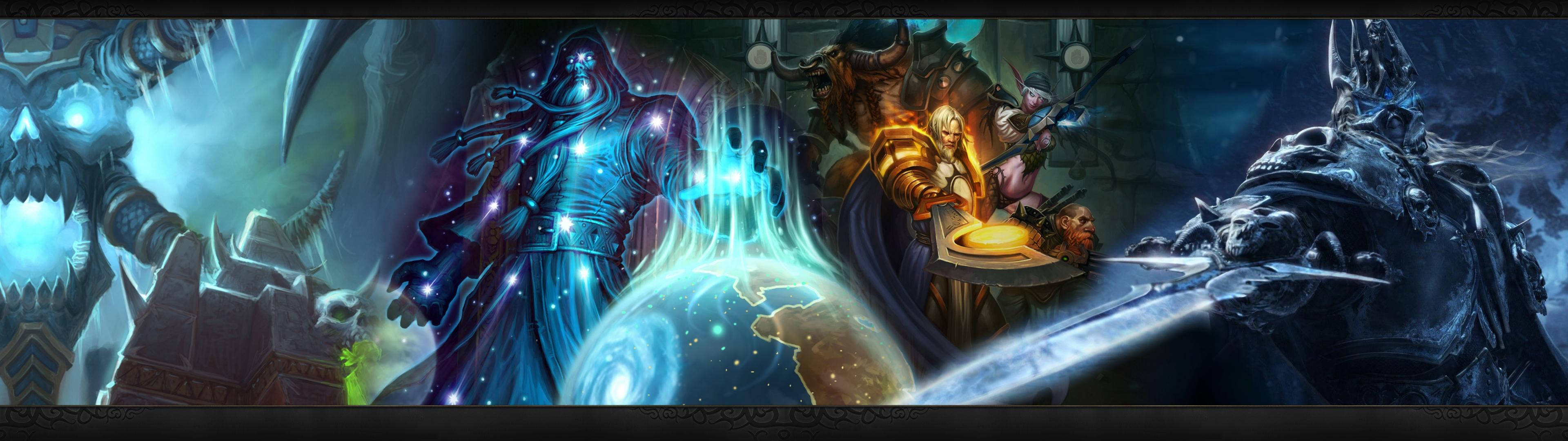 Персонажи WoW в разных сценариях, обои для двух мониторов