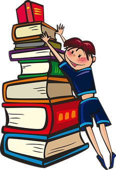 Девушка карабкается по стопке книг Обои