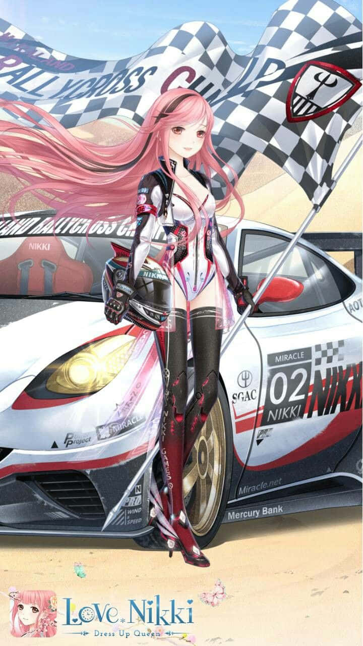 девушка с розовыми волосами стоит рядом с гоночной машиной Обои