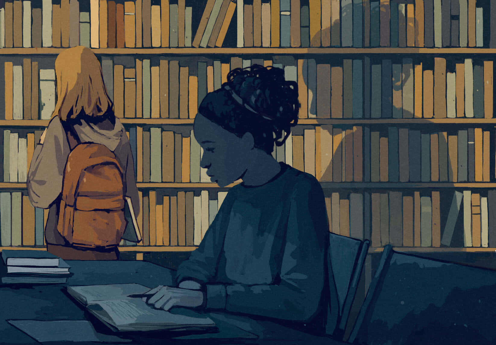 женщина сидит за столом перед книжным шкафом Обои