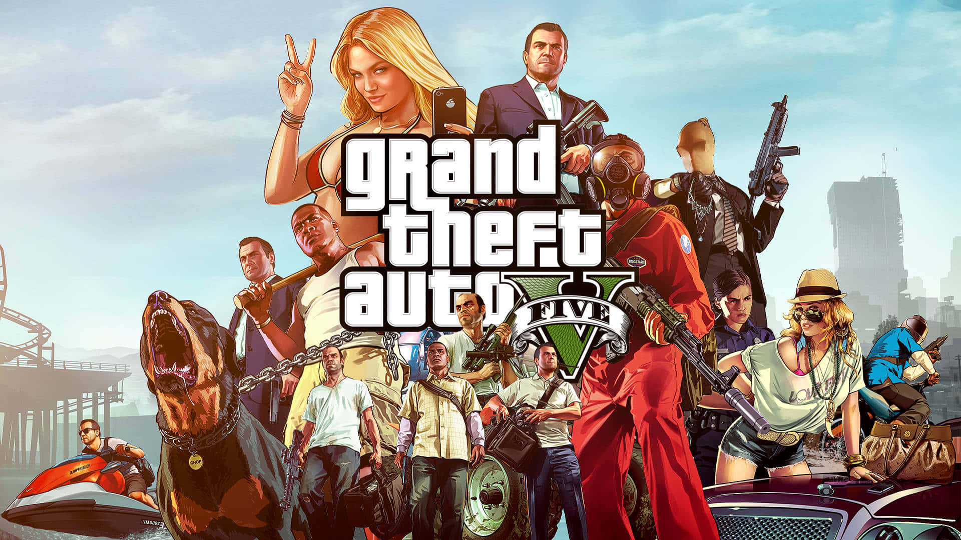 Загрузочный экран GTA V с персонажами Grand Theft Auto Five Обои