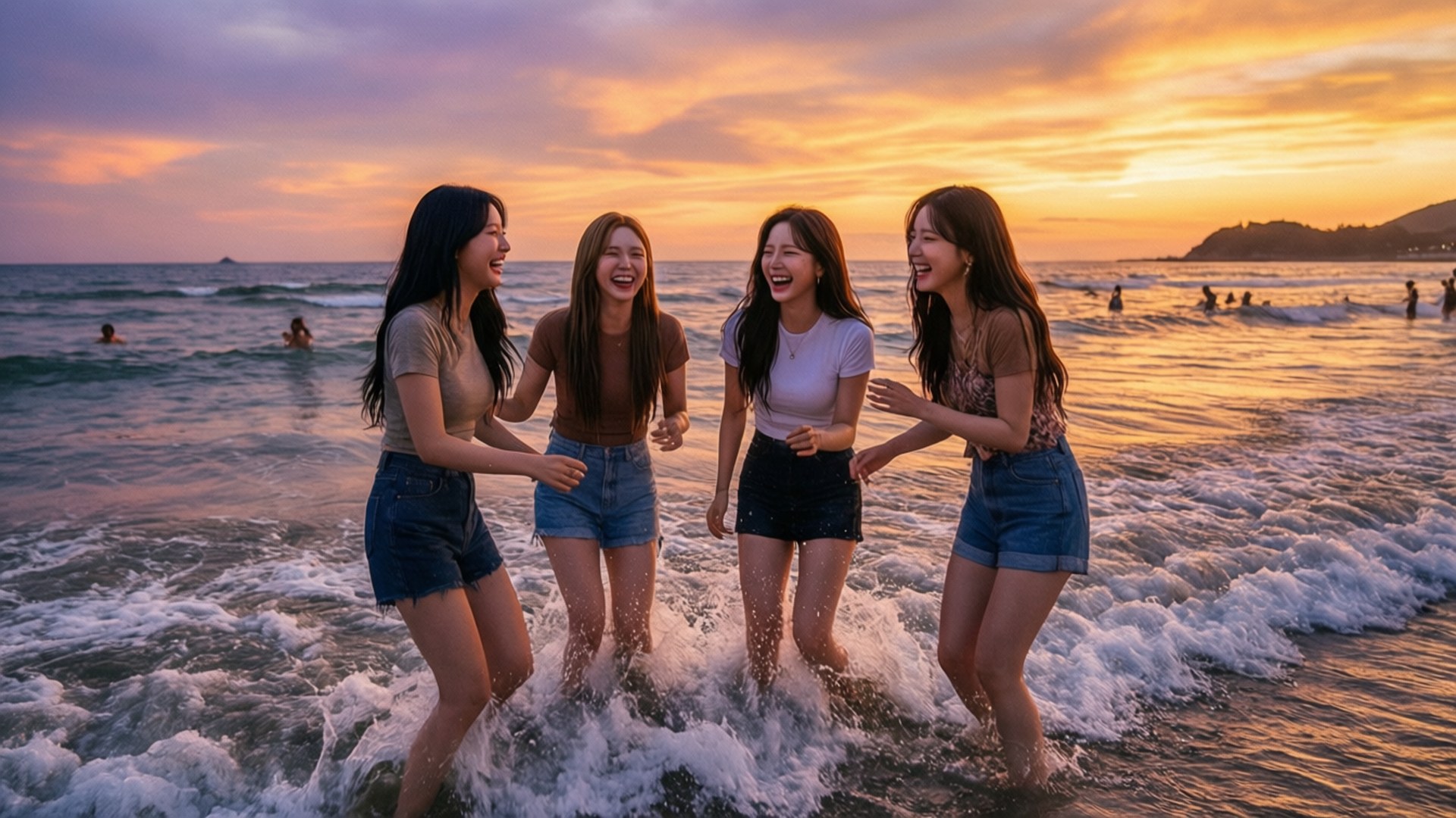 Закат на пляже с TWICE Обои