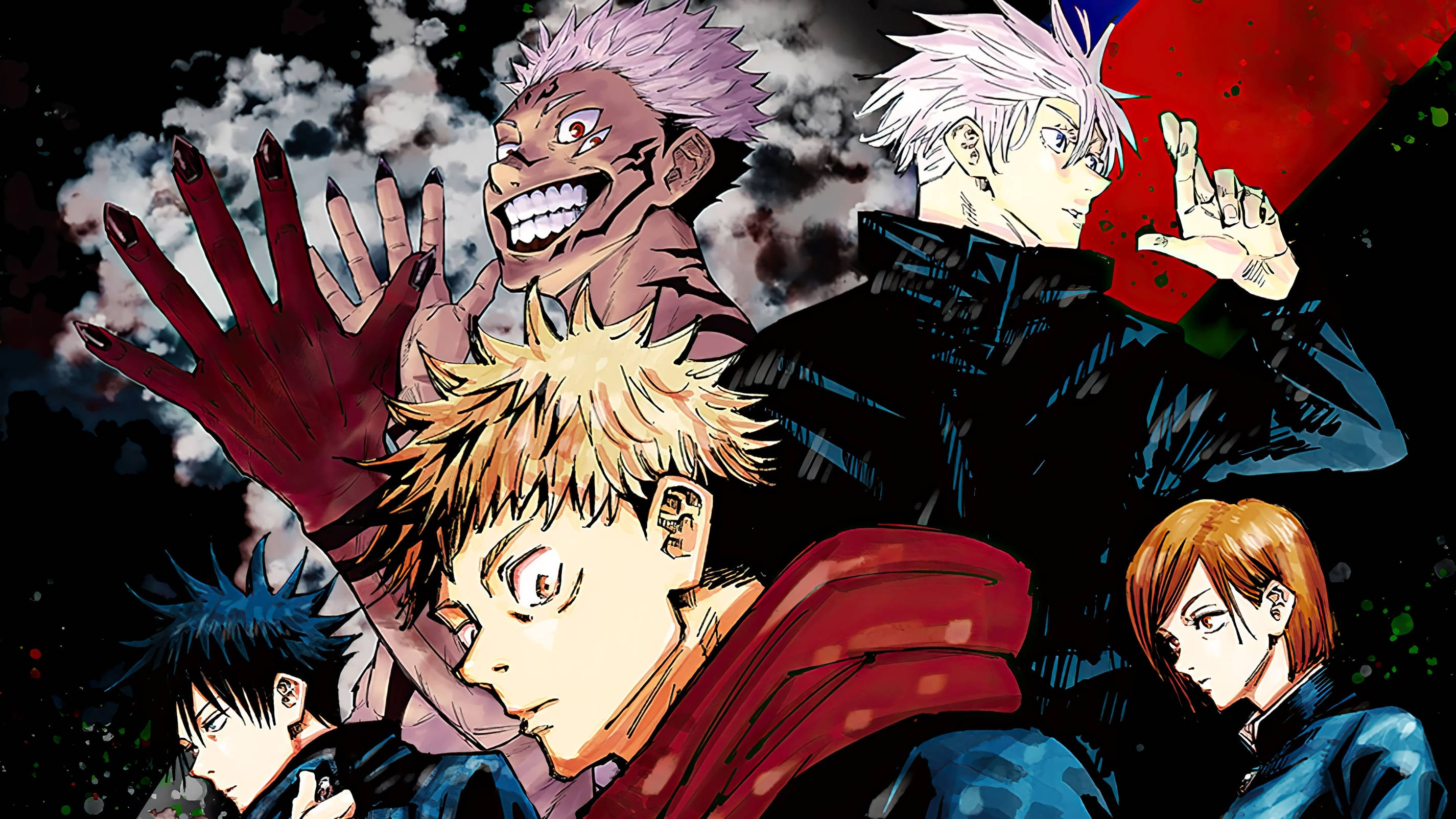 Захватывающая и мощная иллюстрация персонажей Jujutsu Kaisen Обои
