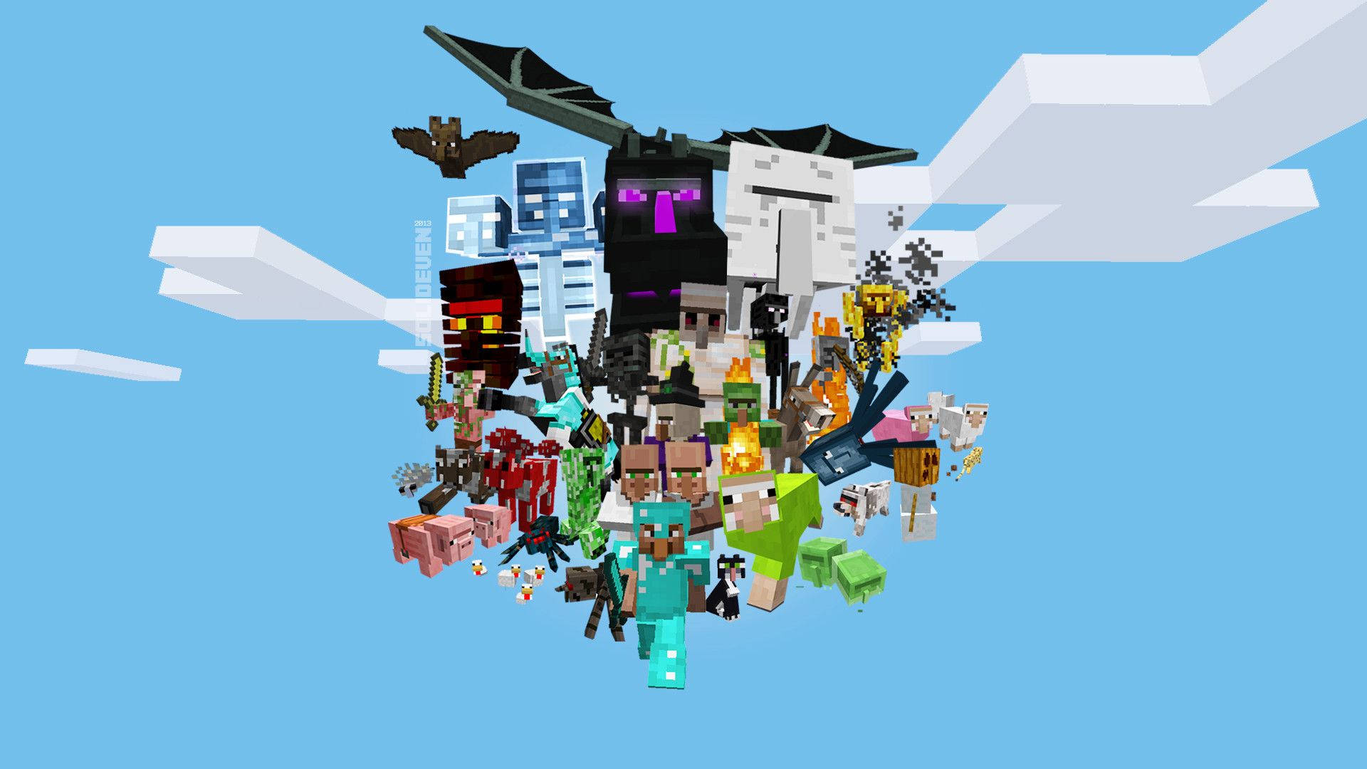 Обои с разнообразными мобами Minecraft в небе