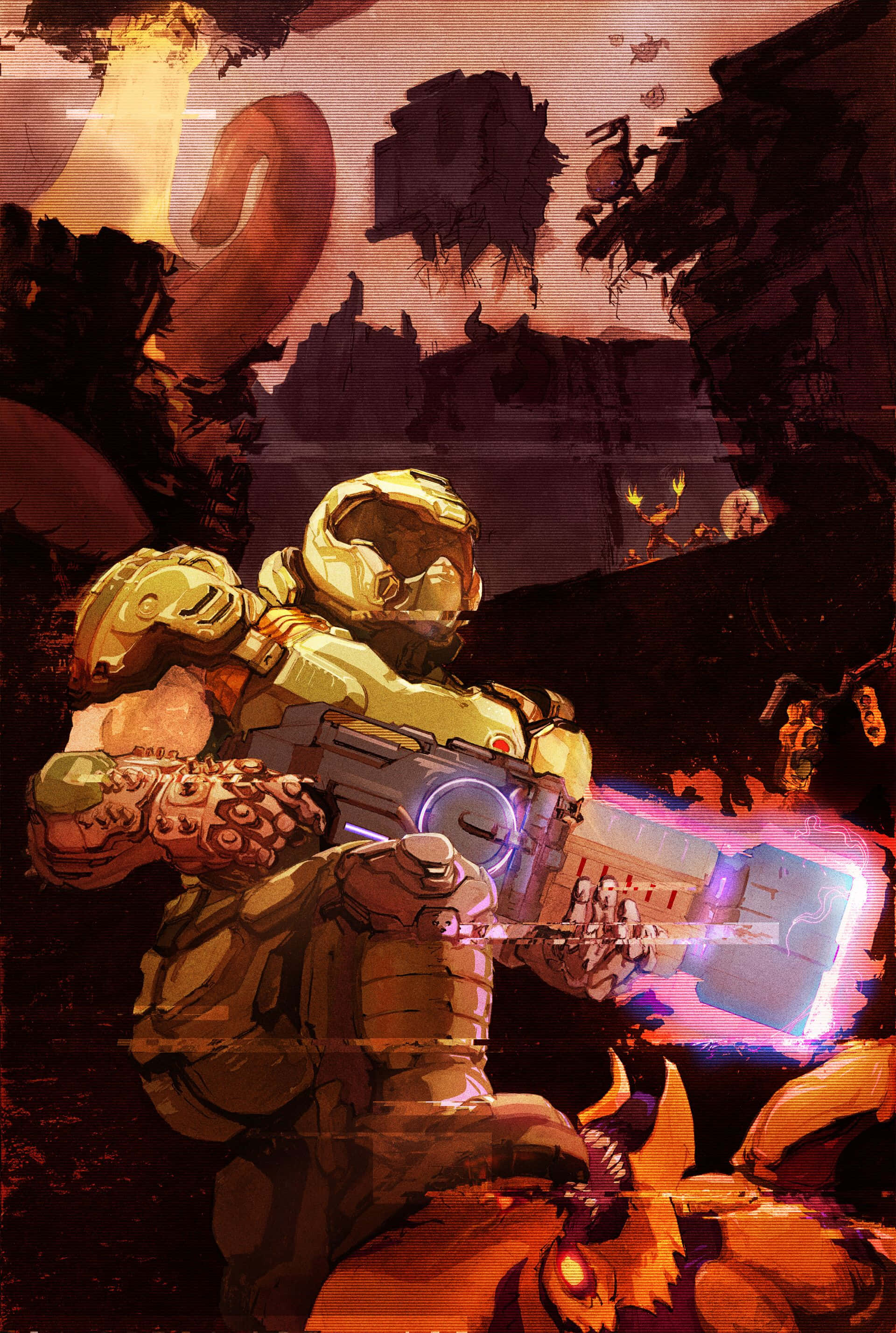 Интенсивная сцена битвы во вселенной DOOM Обои