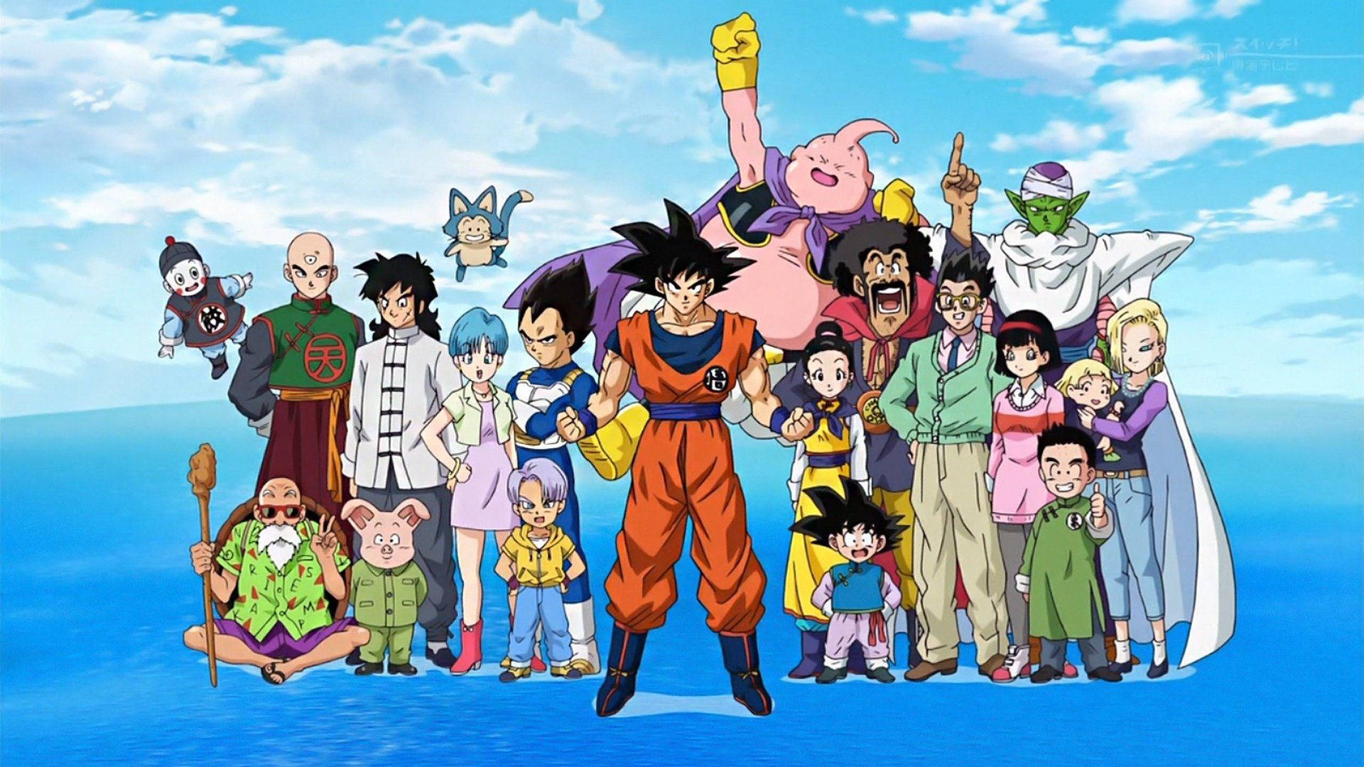 Персонажи Dragon Ball Сан Гоку, Вегета, Маджин Буу и Пикколо, стоящие на воде.