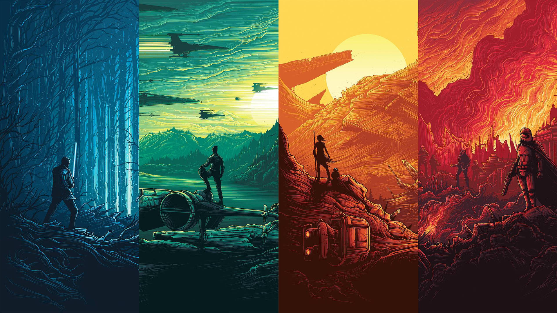 Обои «Звёздные войны» с штурмовиком, стоящим на камнях на поле боя в фильме «Пробуждение силы».