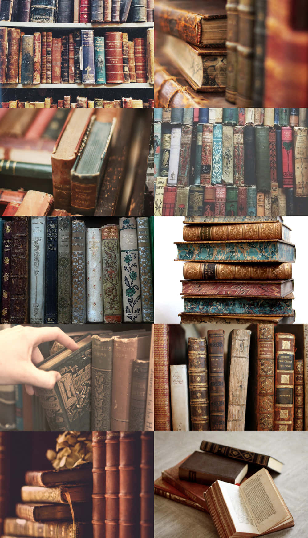 коллаж из старых книг на полке Обои