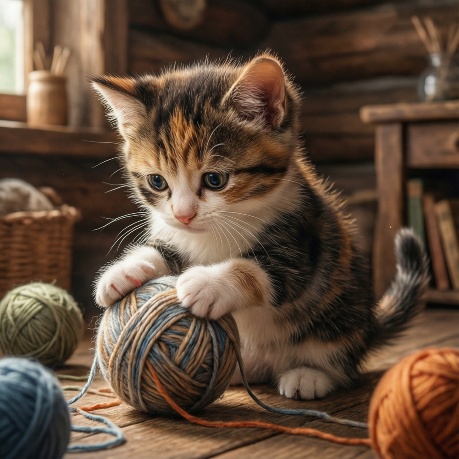 Котенок и клубок ниток Обои