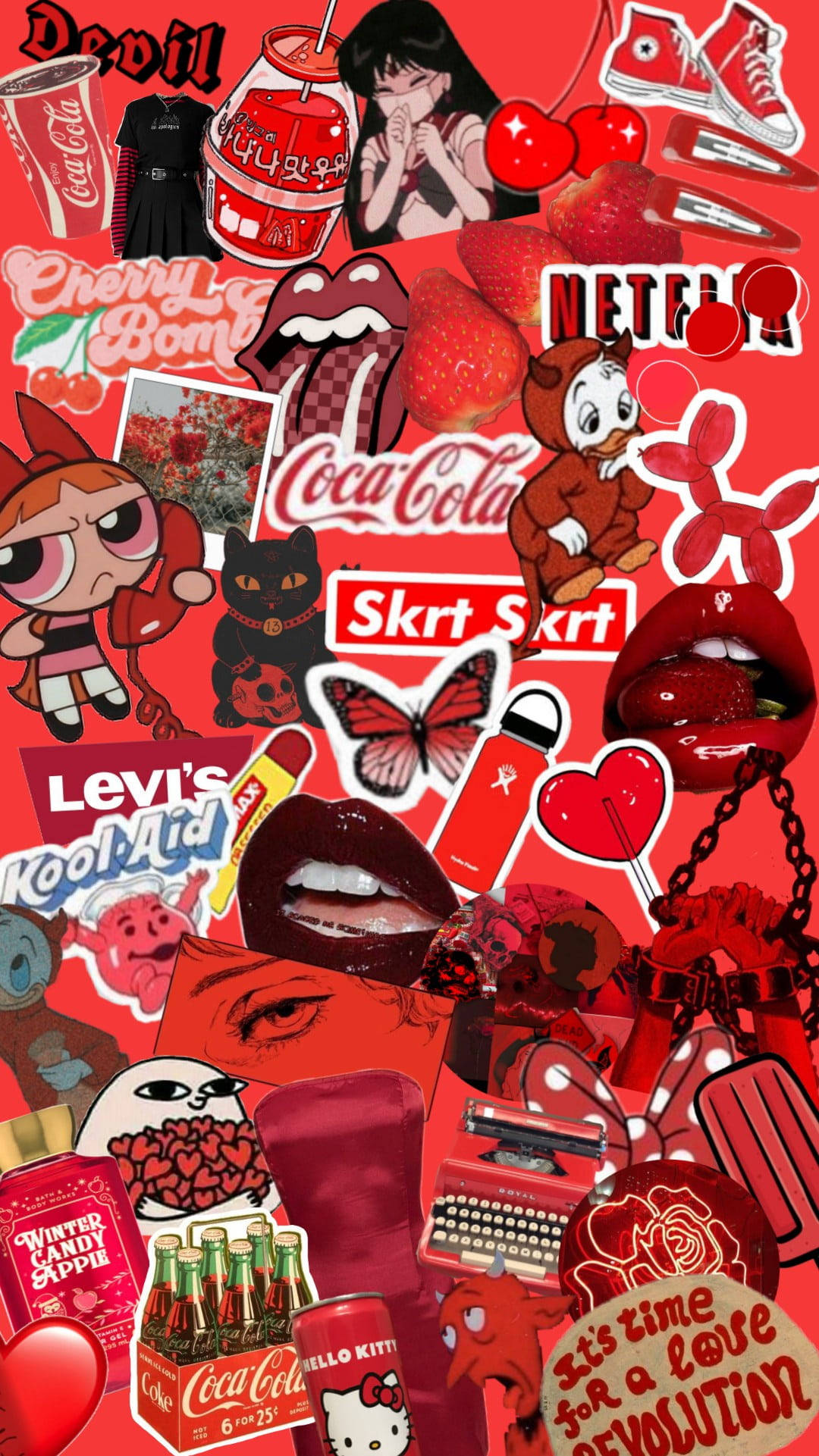 Красная альт-эстетика с мультяшками Обои