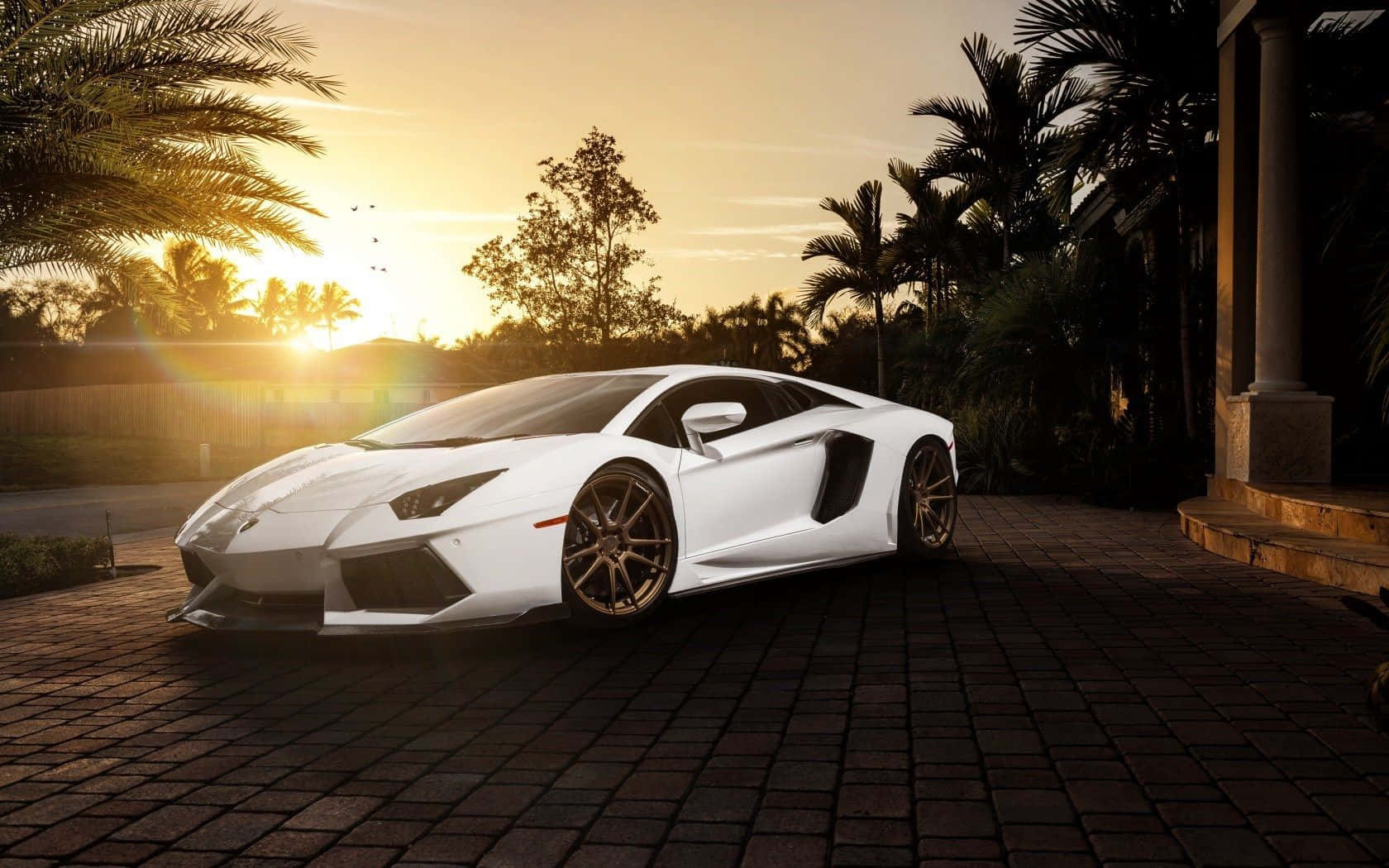 Крутой белый Lamborghini Aventador на закате Обои