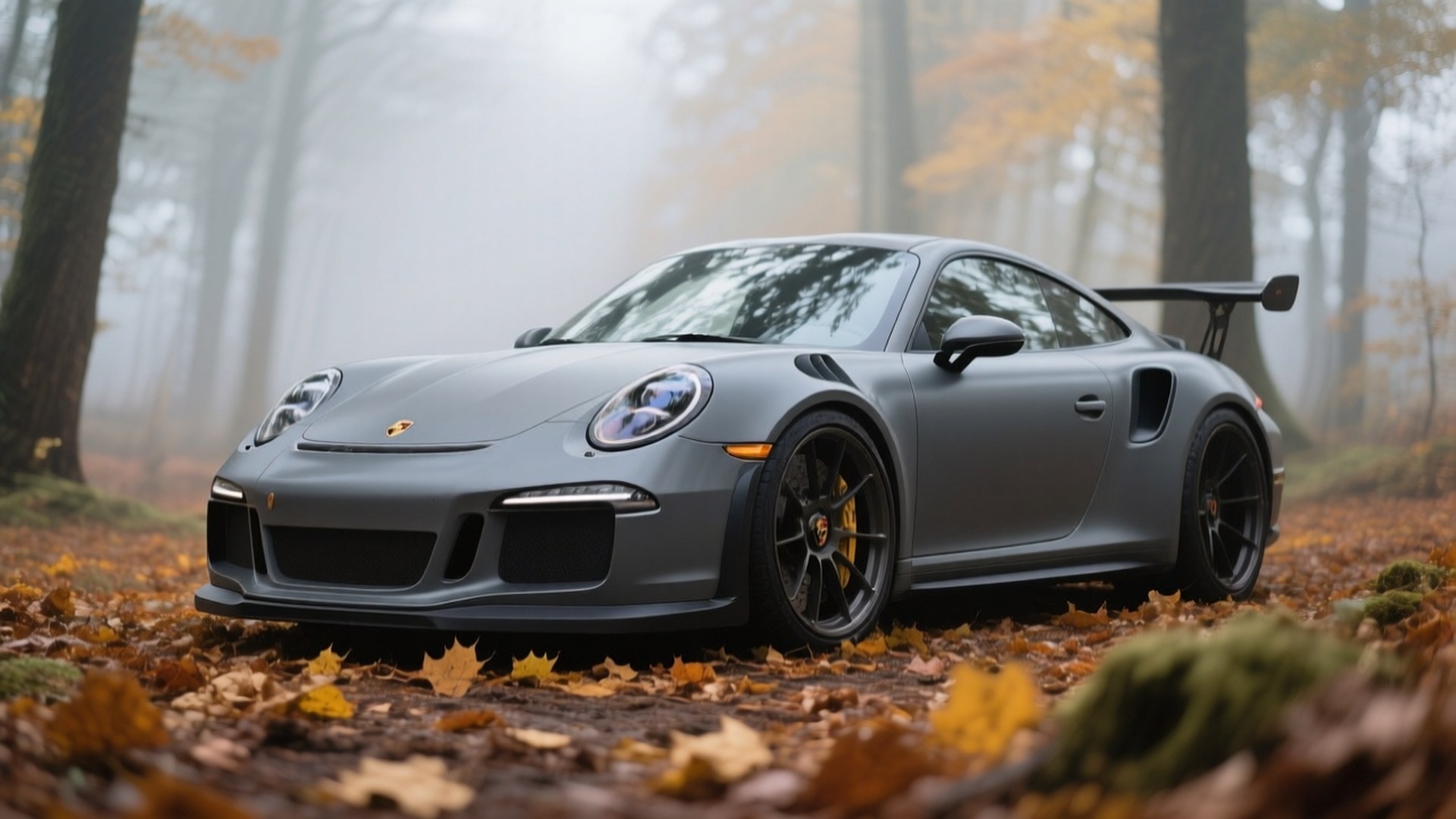 Матово-серый Porsche 911 GT3 RS в осеннем лесу