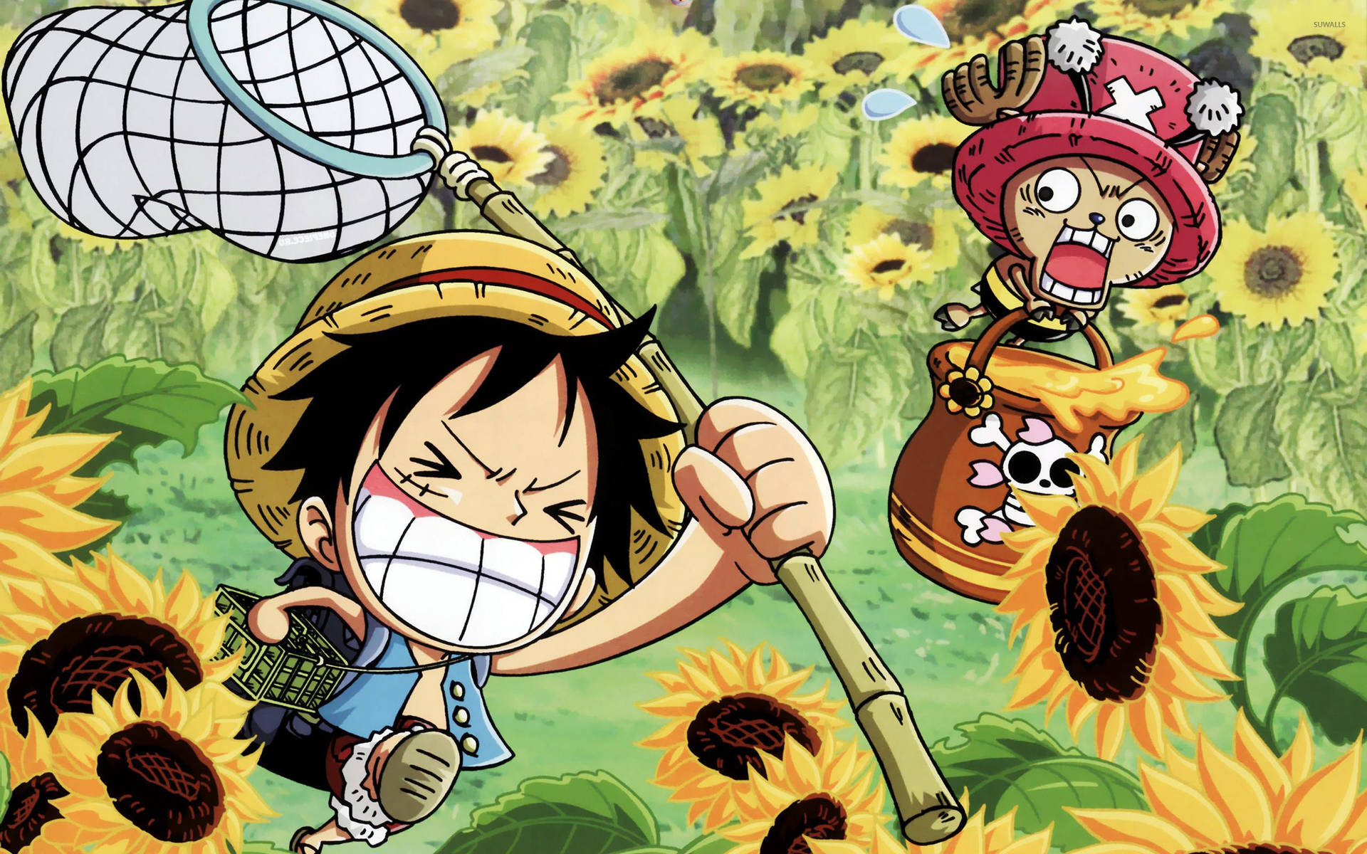 Обои One Piece Луффи и Чоппер в поле подсолнухов.